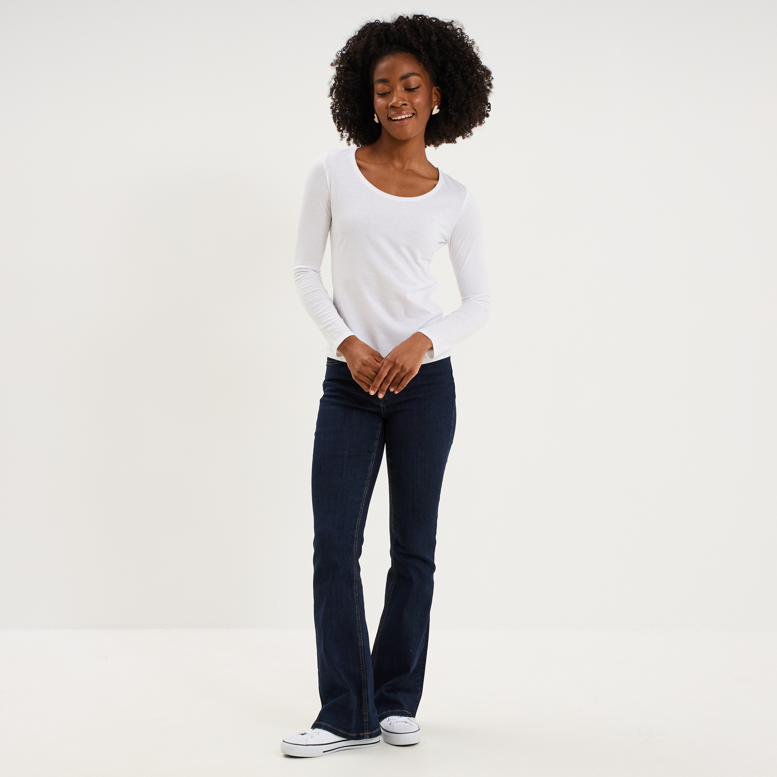 T-shirt coton col rond manches longues blanc femme