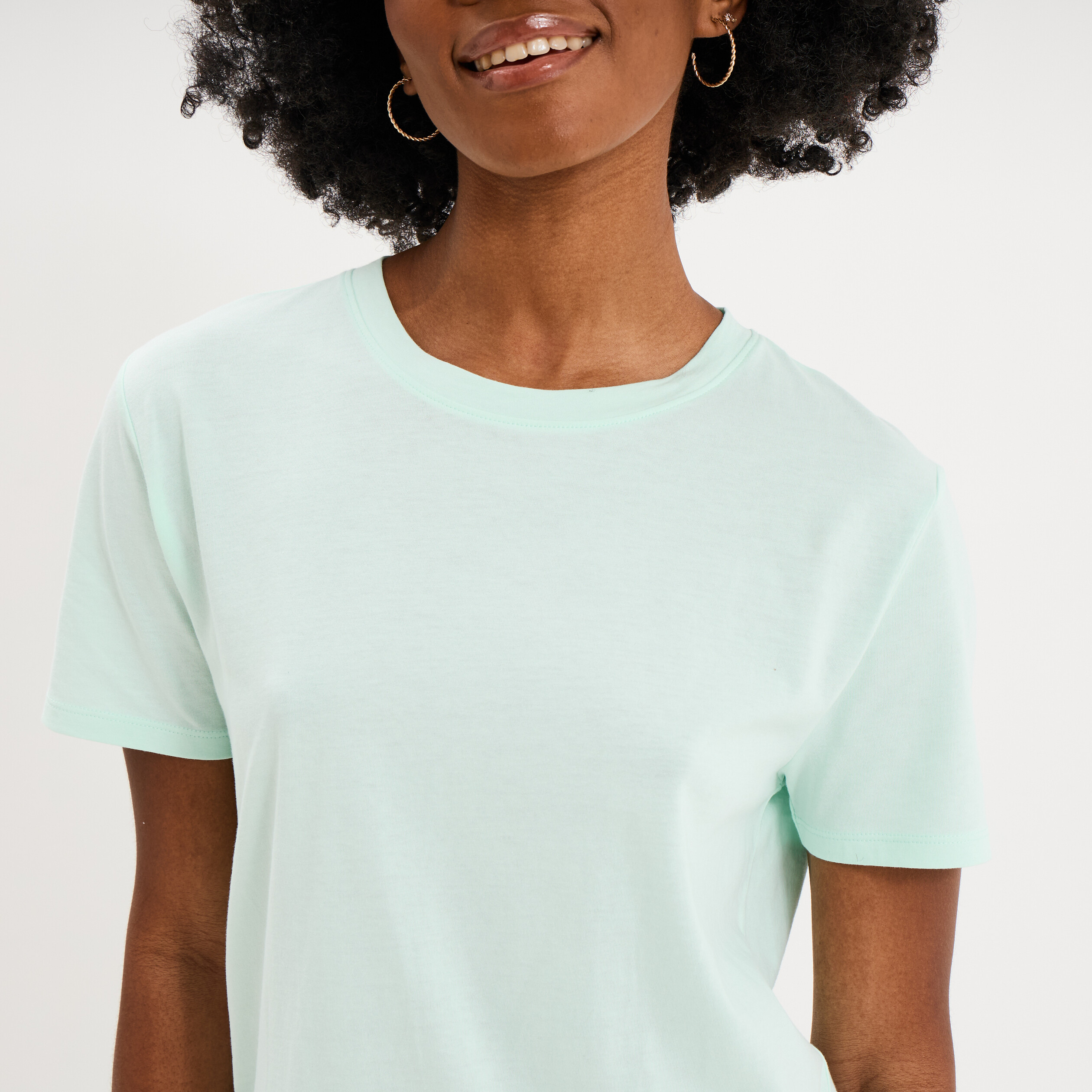 T-shirt col rond manches courtes coton vert clair femme