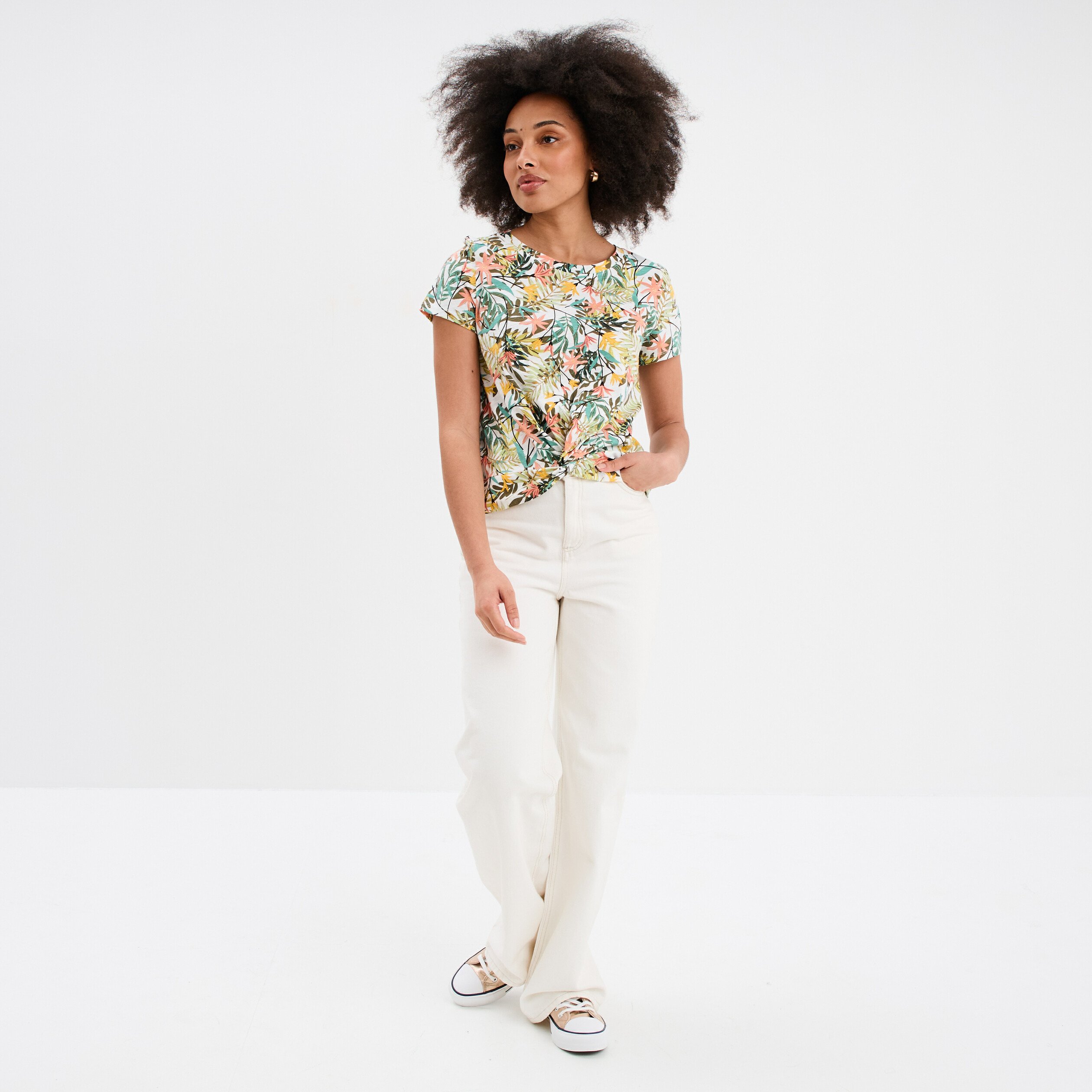 t shirt taille effet noue coton blanc femme T-shirt taille effet noué coton blanc femme