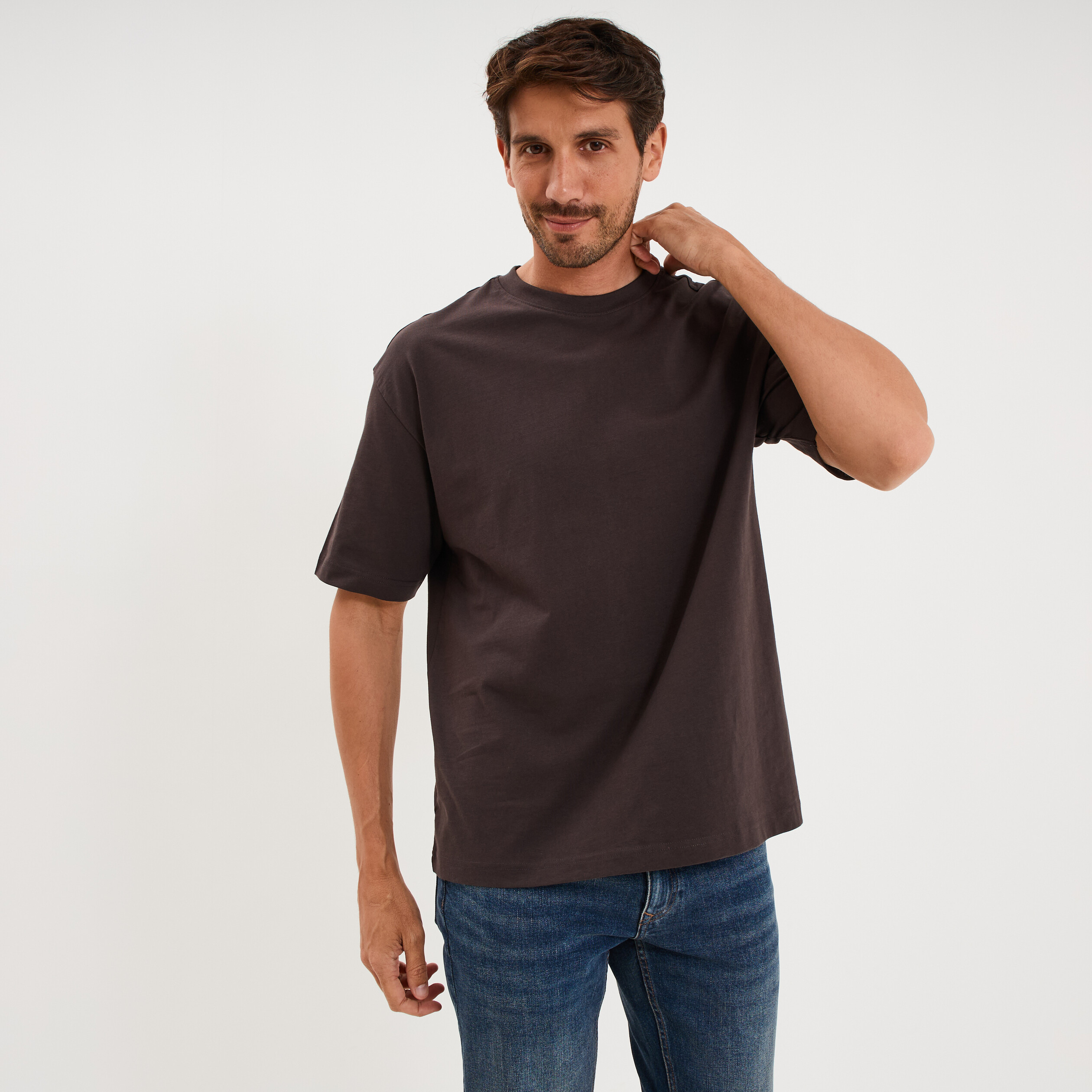 T-shirt col rond coupe relax coton &eacute;pais marron fonc&eacute; homme