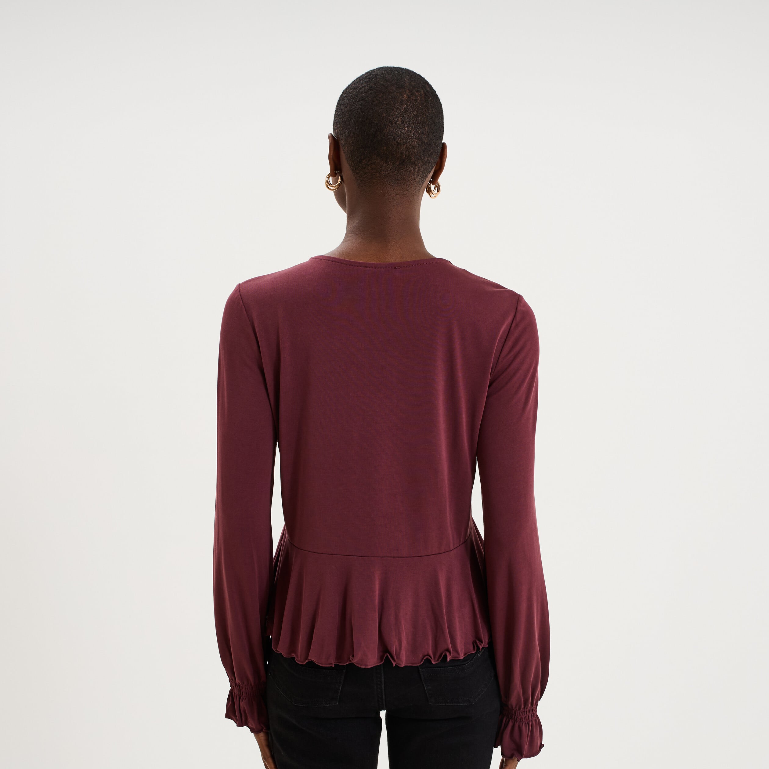 Blouse &agrave; volants manches longues violet fonc&eacute; femme