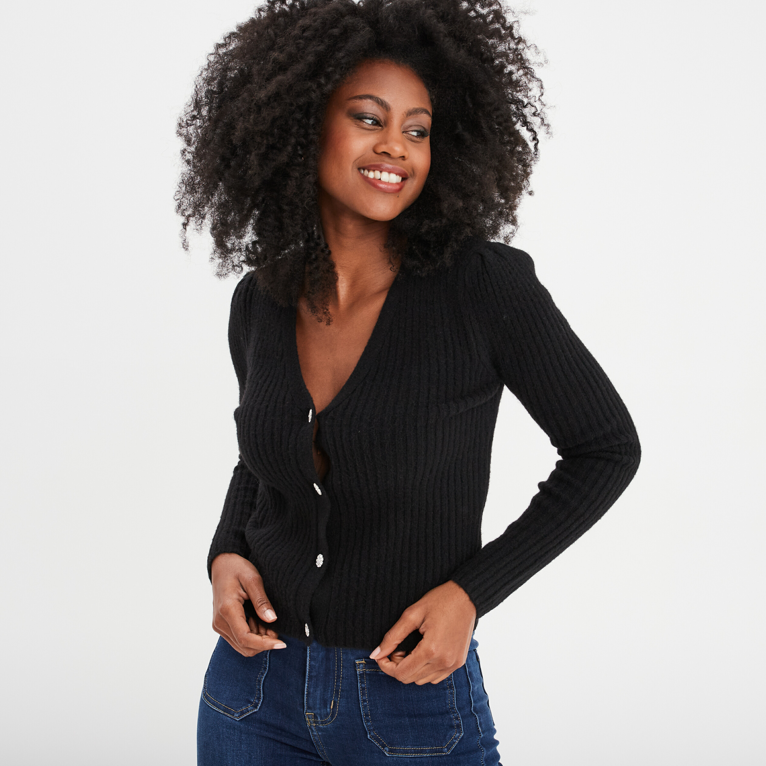 Gilet côtelé col en V boutons bijoux noir femme