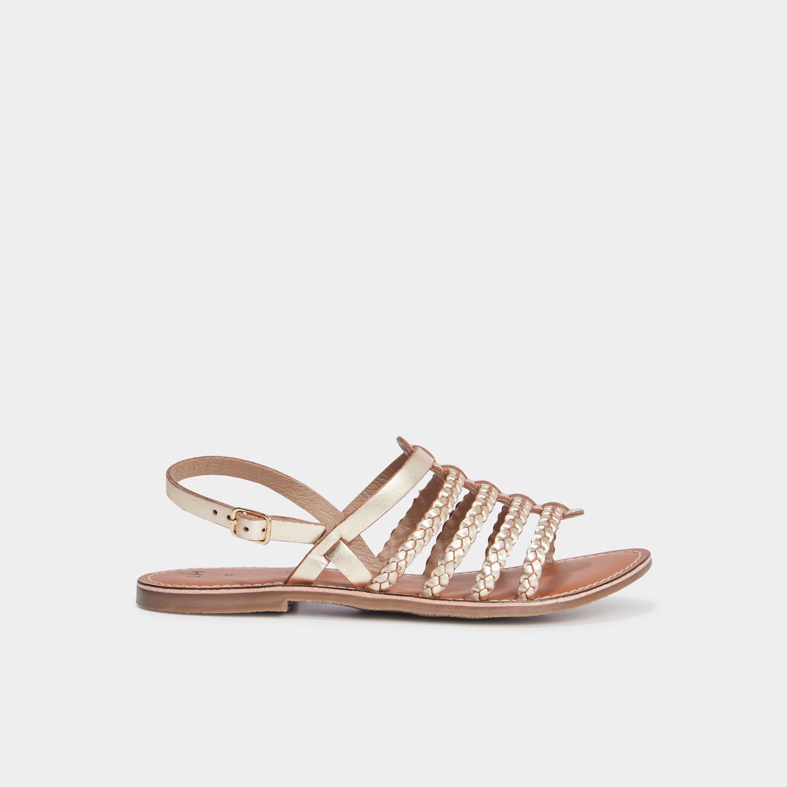 Sandales brides tress&eacute;es en cuir jaune or femme