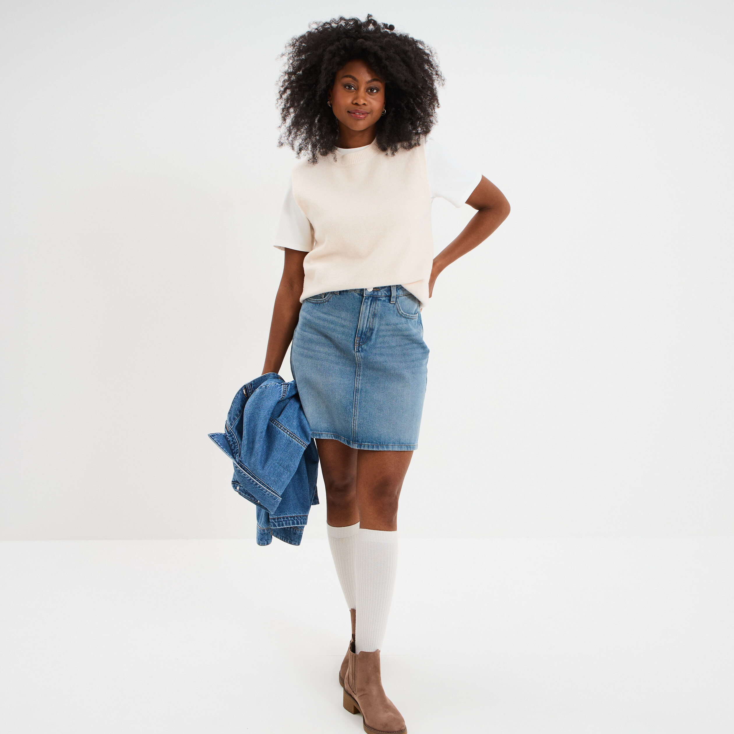jupe courte trapeze en jean coton denim double stone femme Jupe courte trapèze en jean coton denim double stone femme