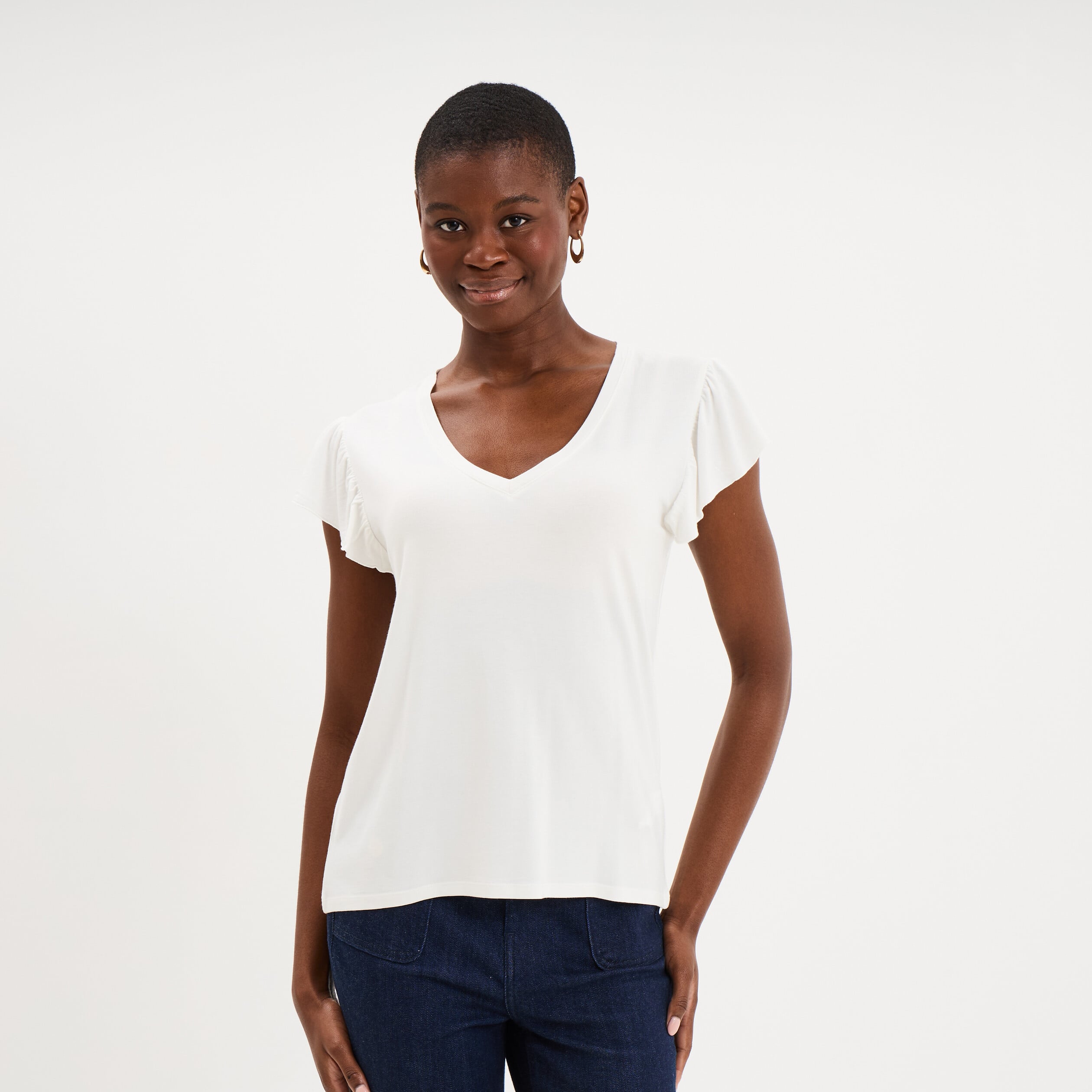 T-shirt droit manches courtes &agrave; volants blanc femme