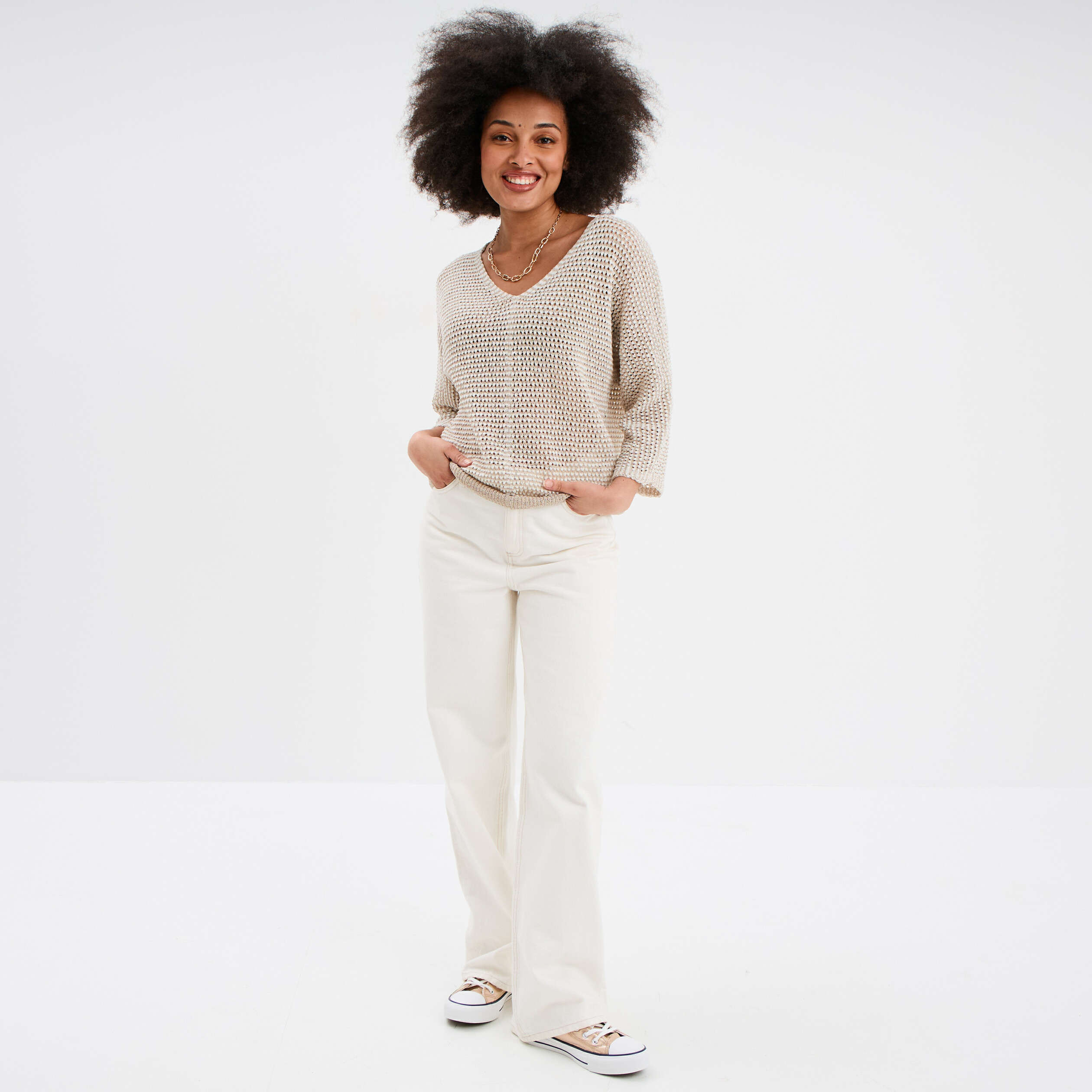 pull ajoure effet crochet manches 34 beige femme Pull ajouré effet crochet manches 3/4 beige femme