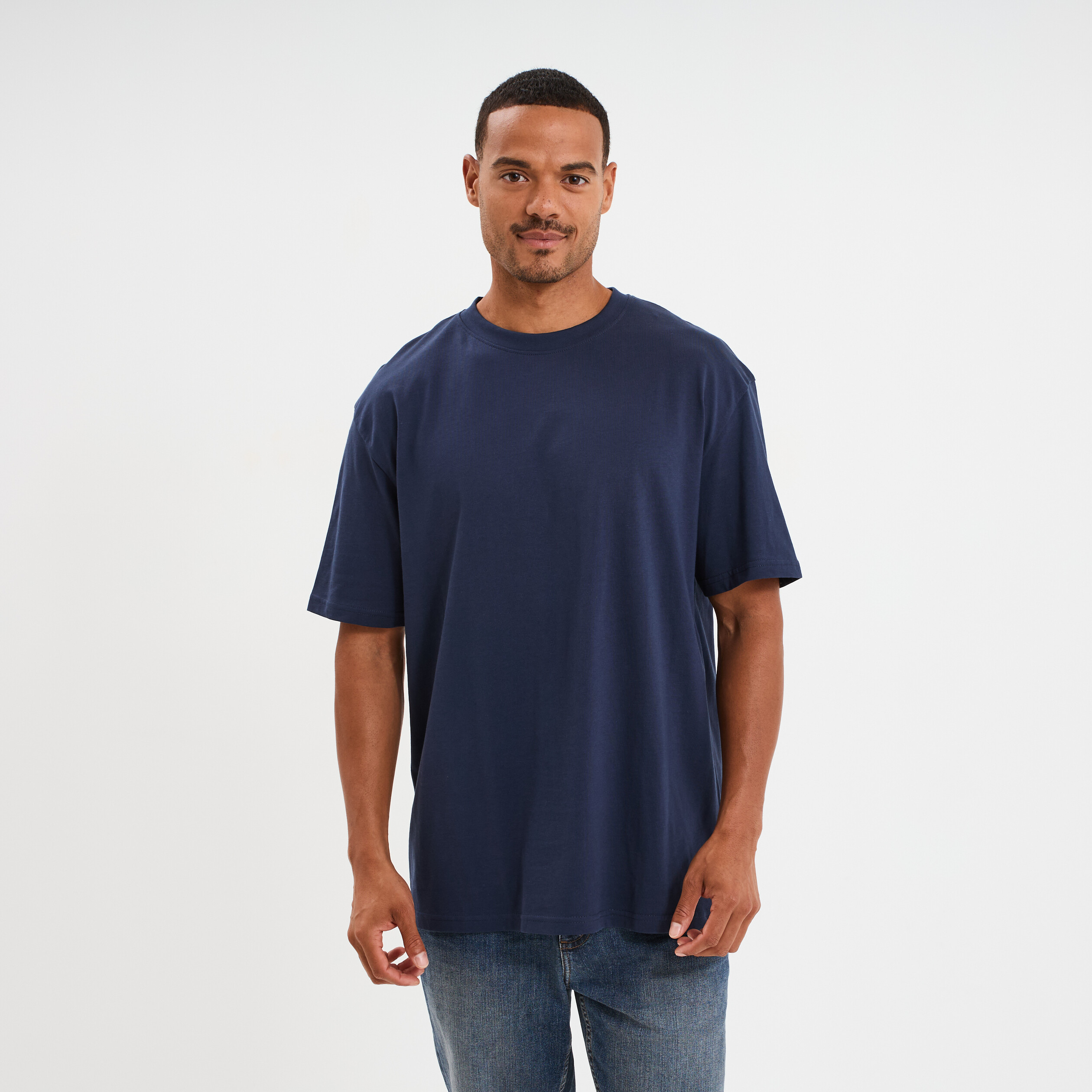 T-shirt col rond coupe relax coton &eacute;pais bleu marine homme