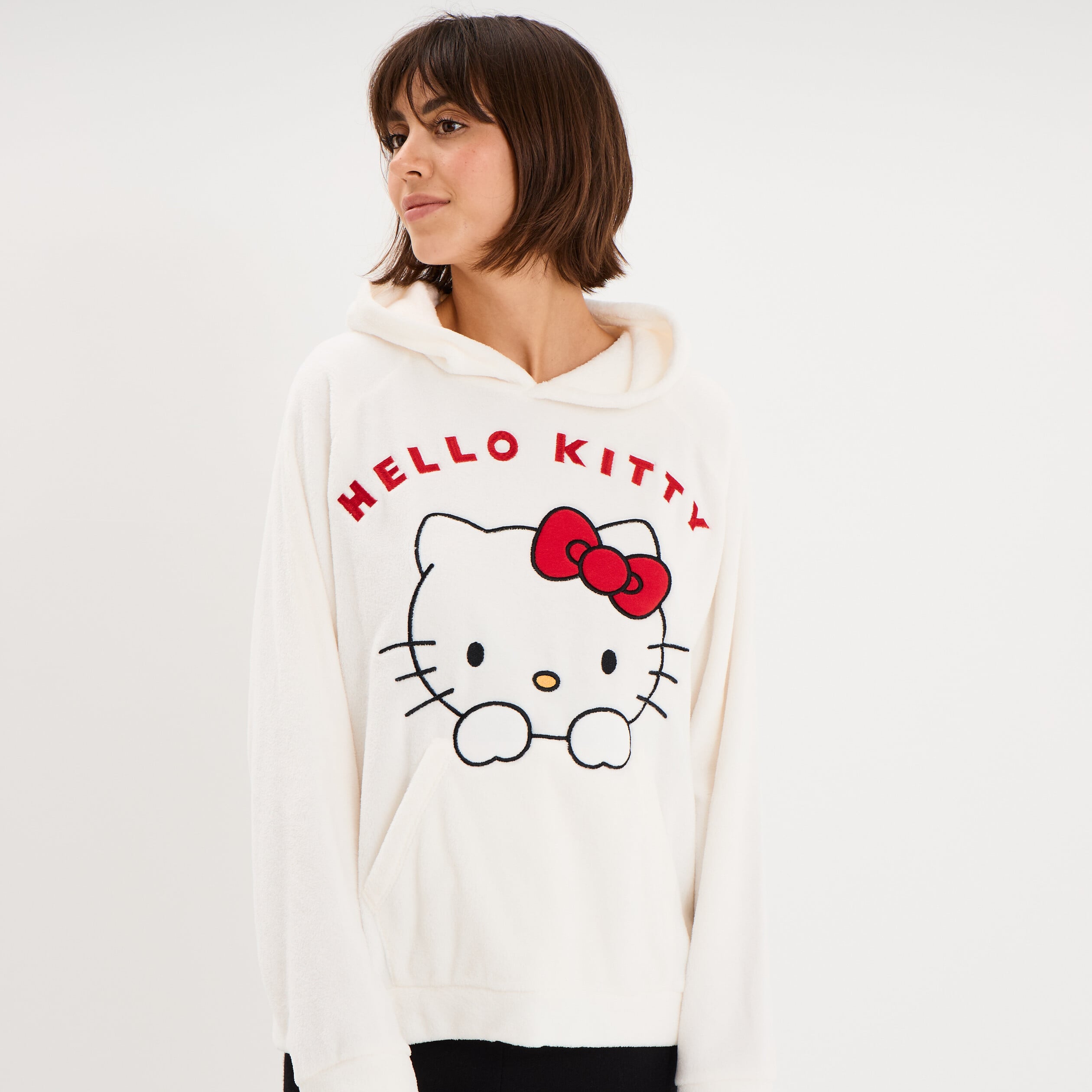 Sweat effet velours 1 poche Hello Kitty blanc femme