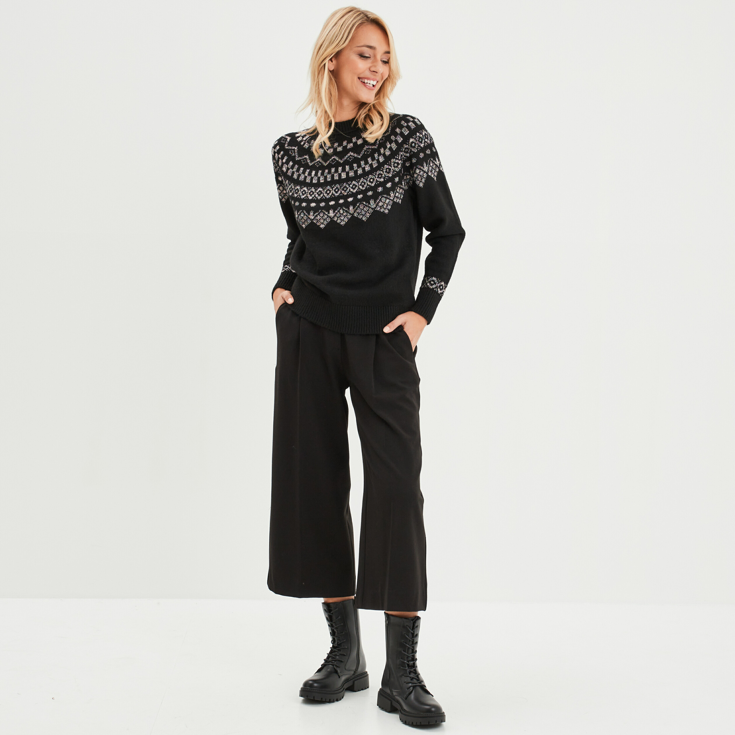 Pull jacquard fils m&eacute;tallis&eacute;s Liberto noir femme