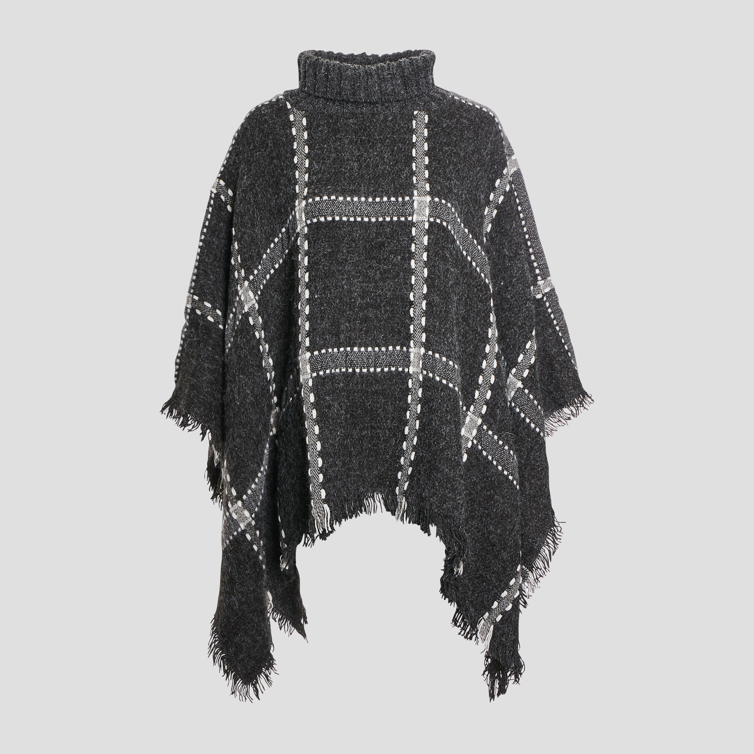 poncho a col roule bords a franges fines gris fonce femme Poncho à col roulé bords à franges fines gris foncé femme