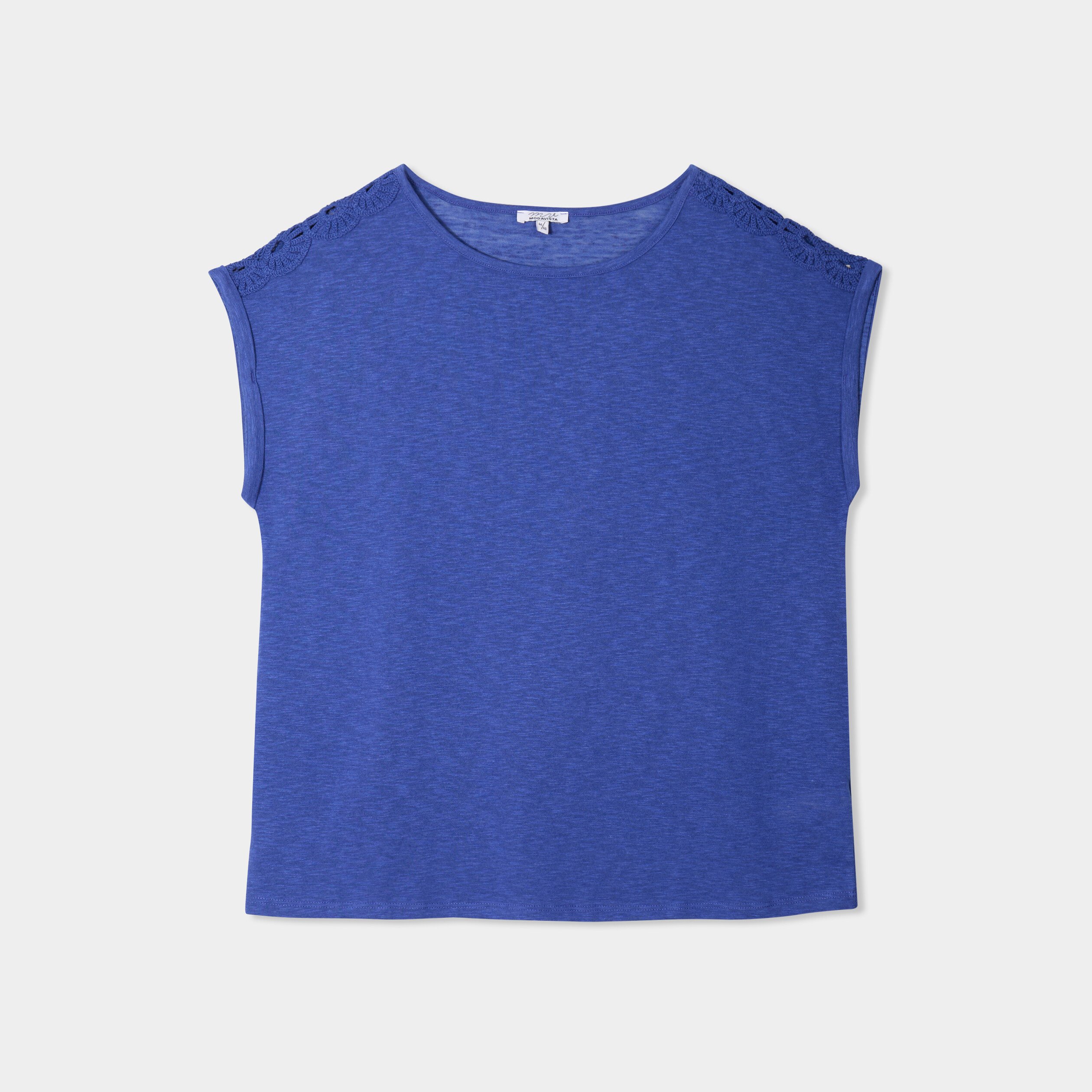 t shirt epaules effet macrame bleu roi femmegt T-shirt épaules effet macramé bleu roi femme grande taille