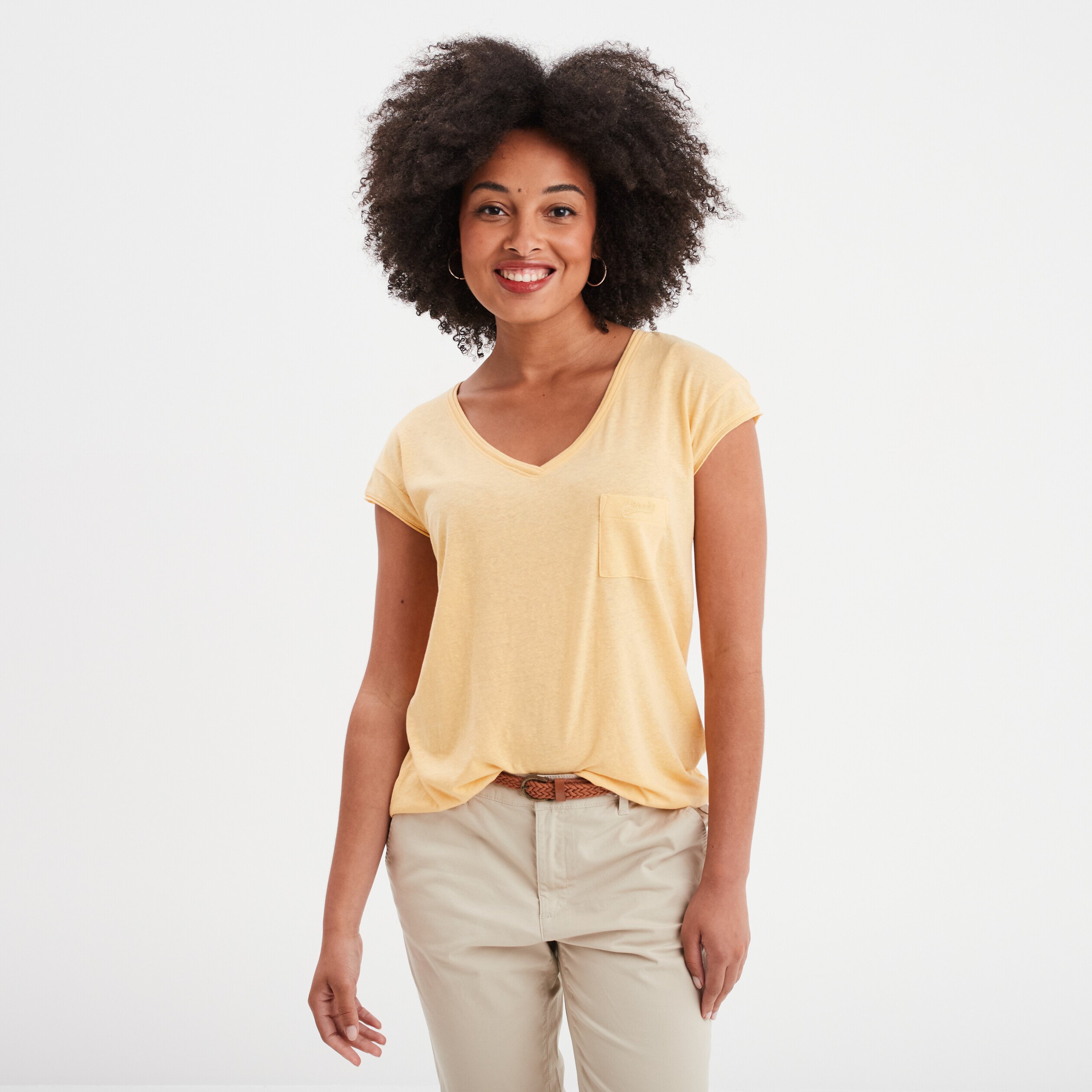 t shirt col v poche poitrine creeks jaune clair femme T-shirt col v poche poitrine Creeks jaune clair femme