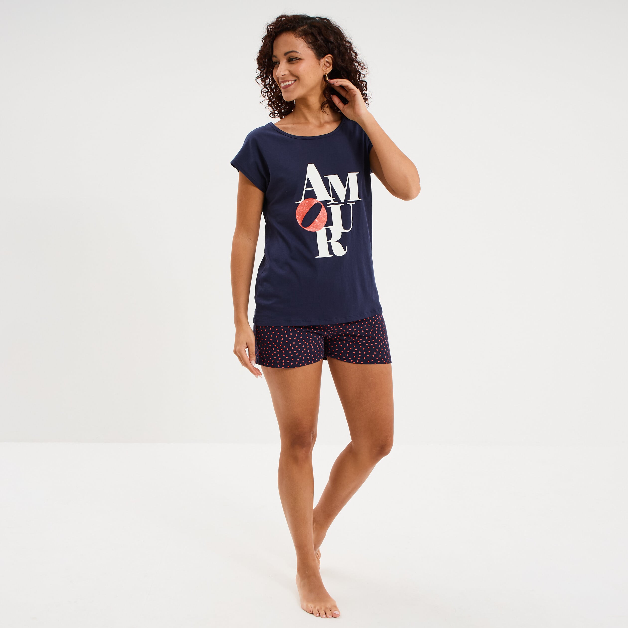 Ensemble pyjama t-shirt et short coton bleu marine femme