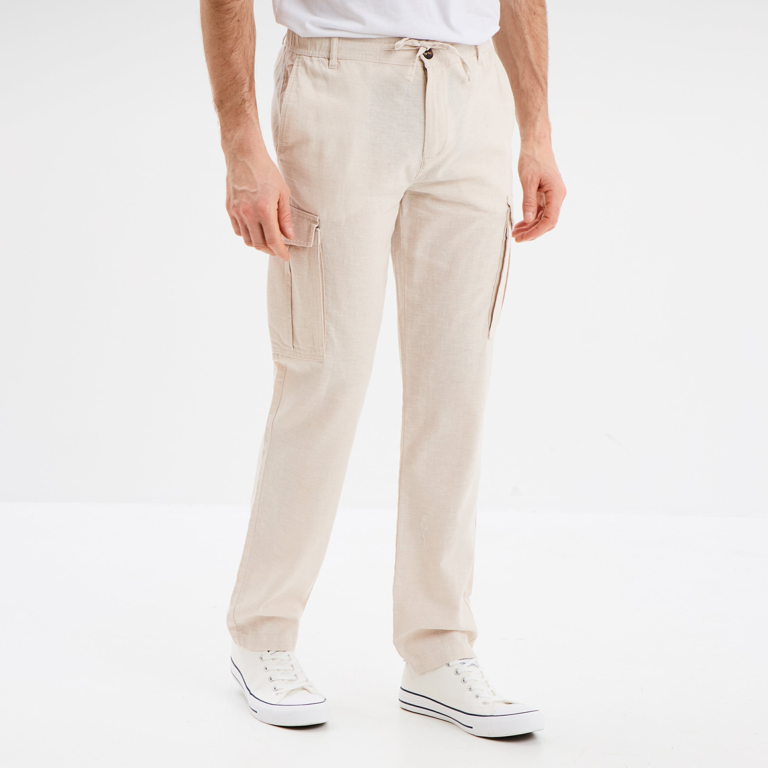 Pantalon cargo en lin m&eacute;lang&eacute; gris clair homme