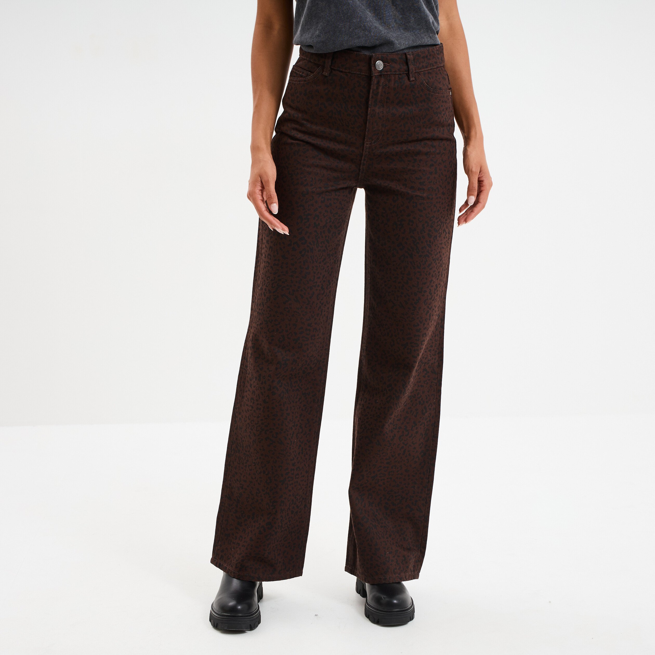 jean large taille haute coton marron fonce femme Jean large taille haute coton marron foncé femme