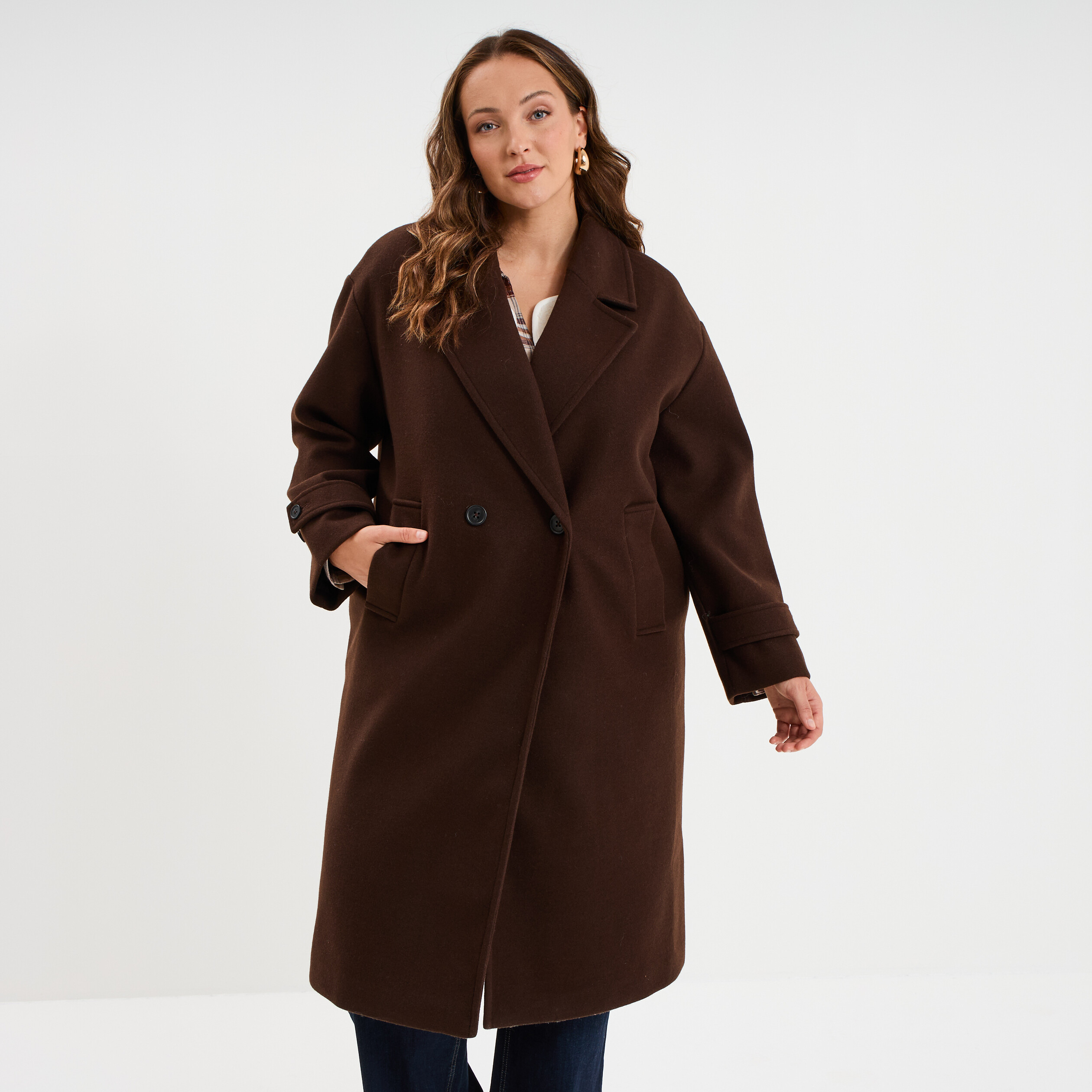 Manteau double boutonnage marron foncé femme grande taille La Halle