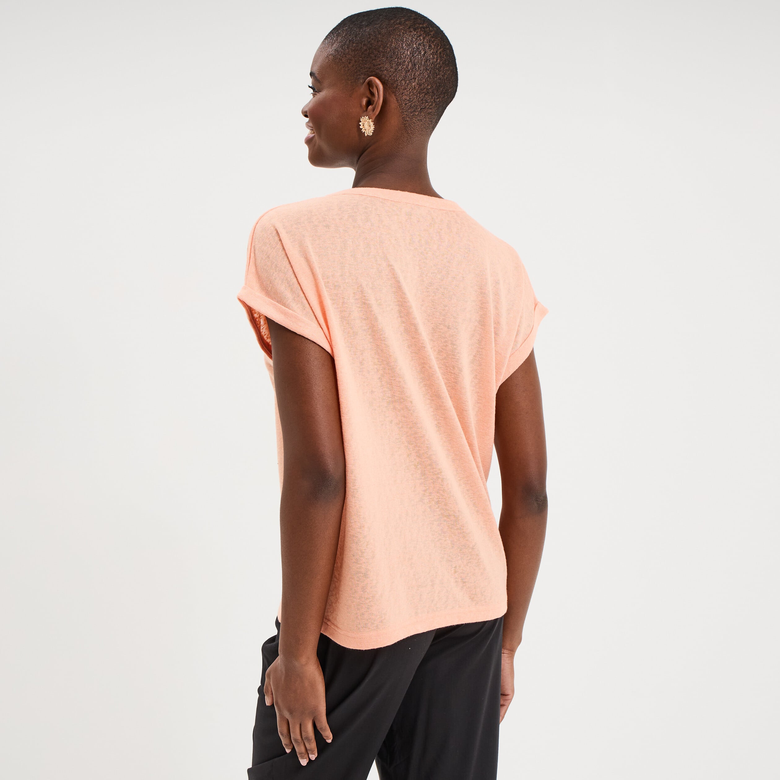 T-shirt col tunisien manches courtes rose saumon femme