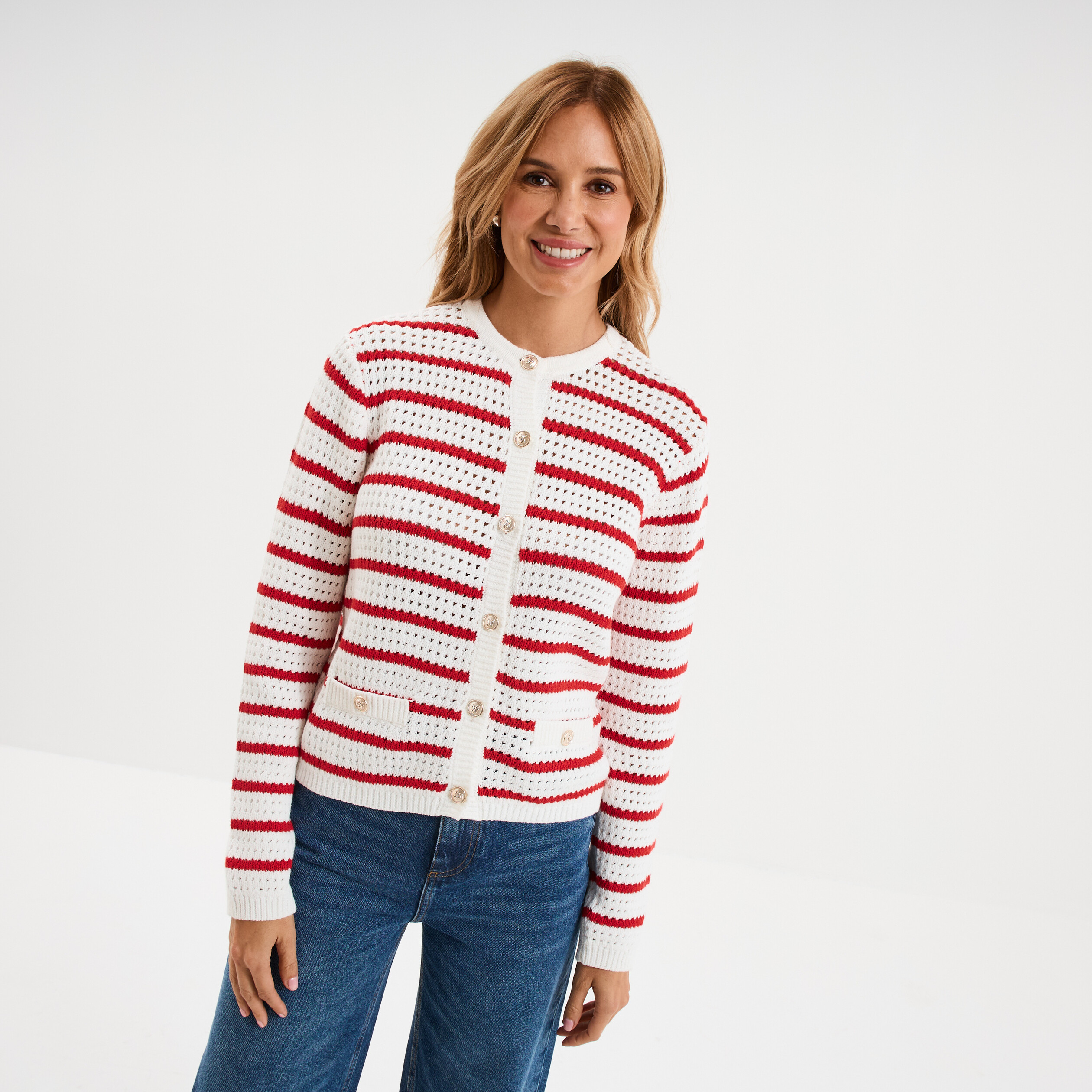 Gilet effet ajour&eacute; manches longues coton ecru femme