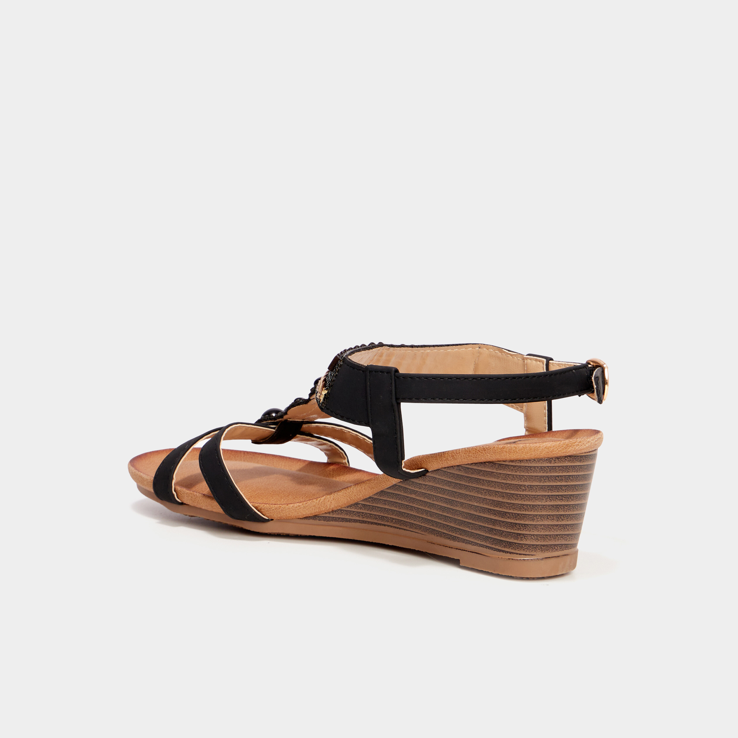 Sandales compens&eacute;es d&eacute;tails bijoux noir femme