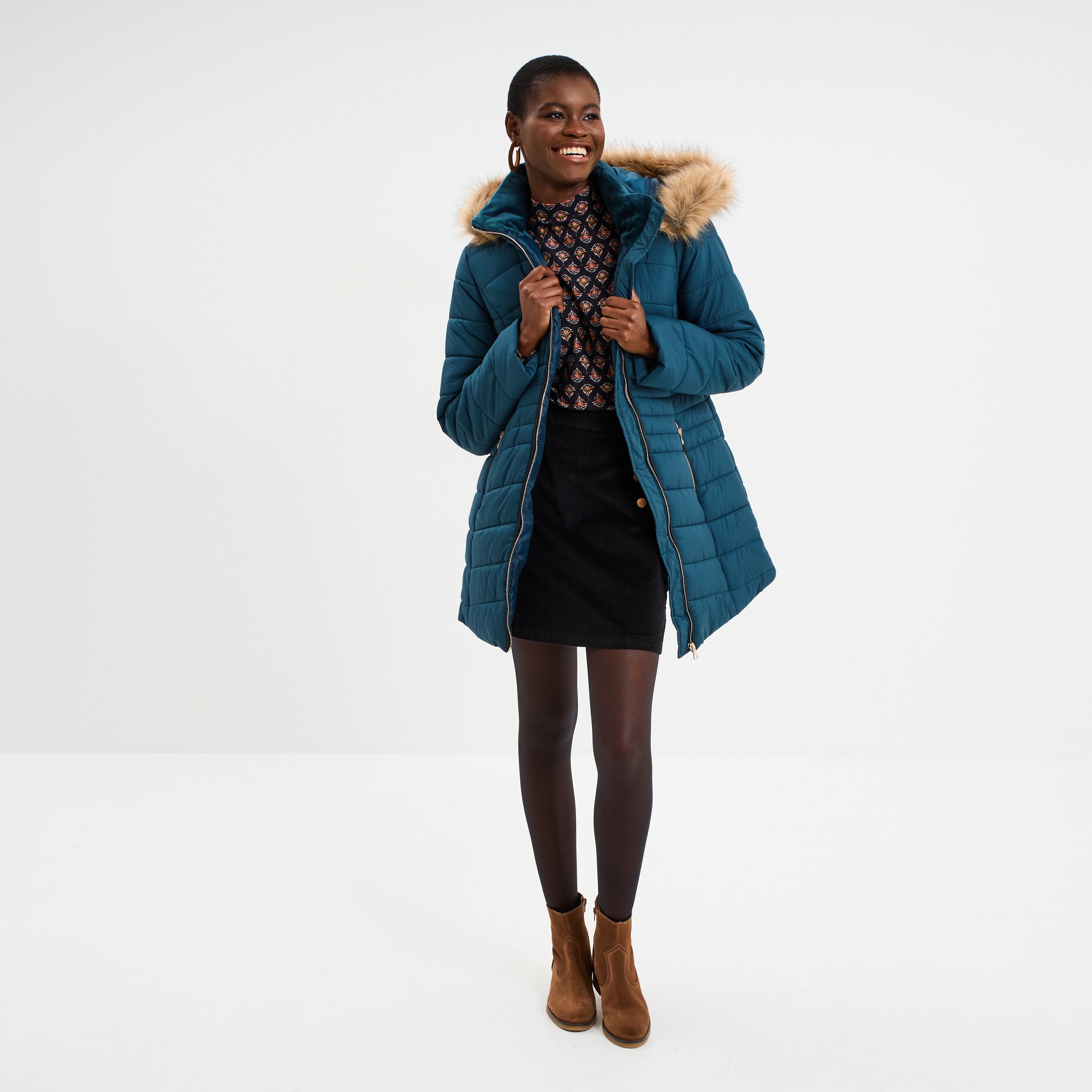 Doudoune mi-longue &agrave; capuche bleu canard femme