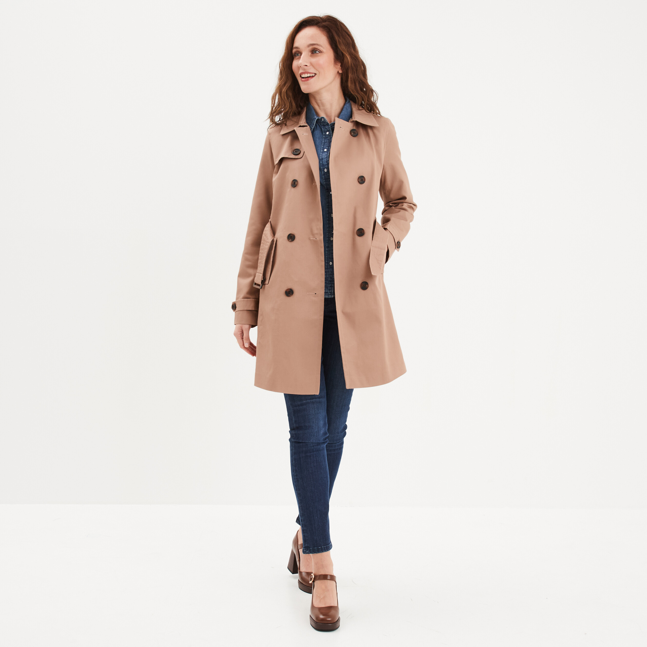 Trench mi long ceintur marron femme