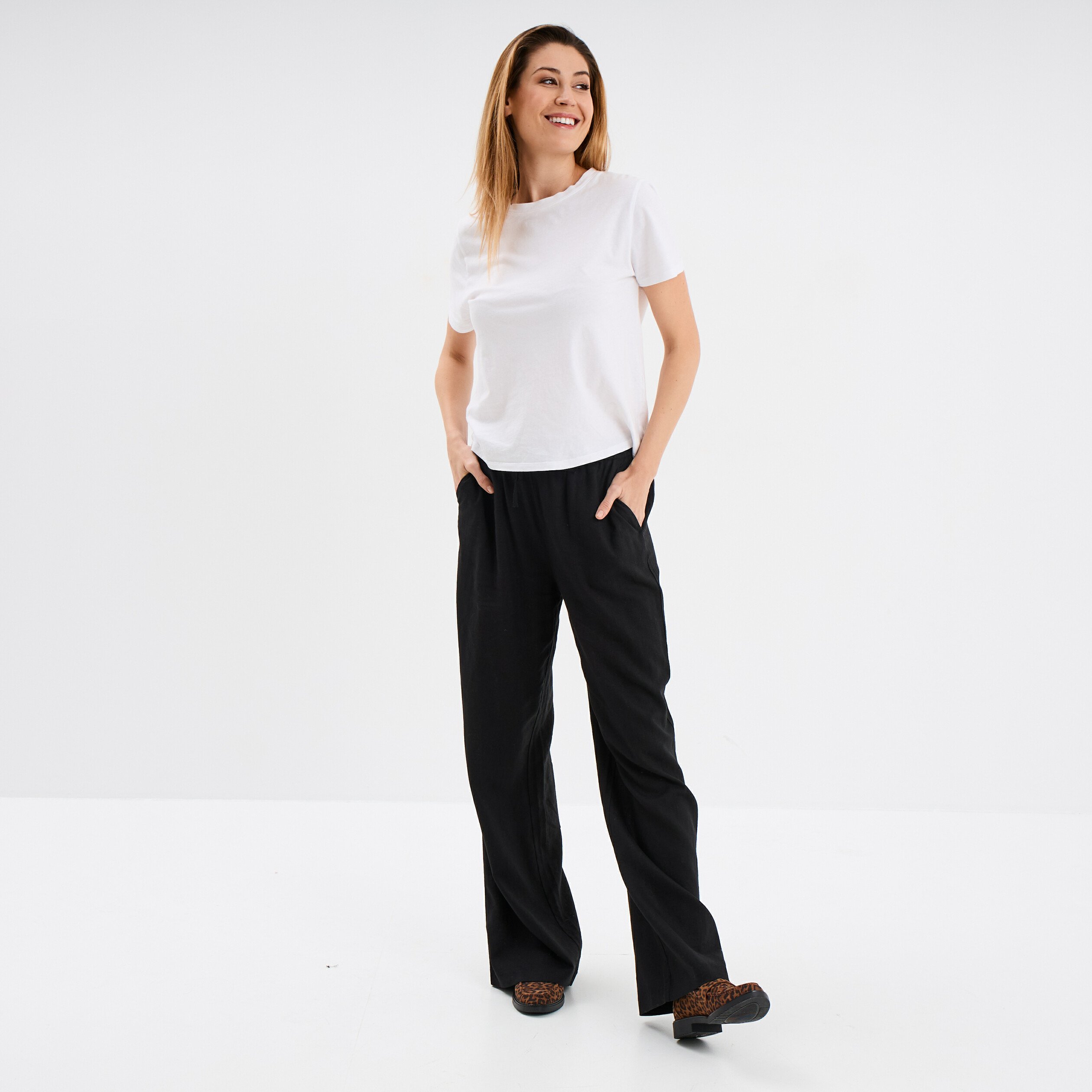 pantalon large lin melange noir femme Pantalon large lin mélangé noir femme