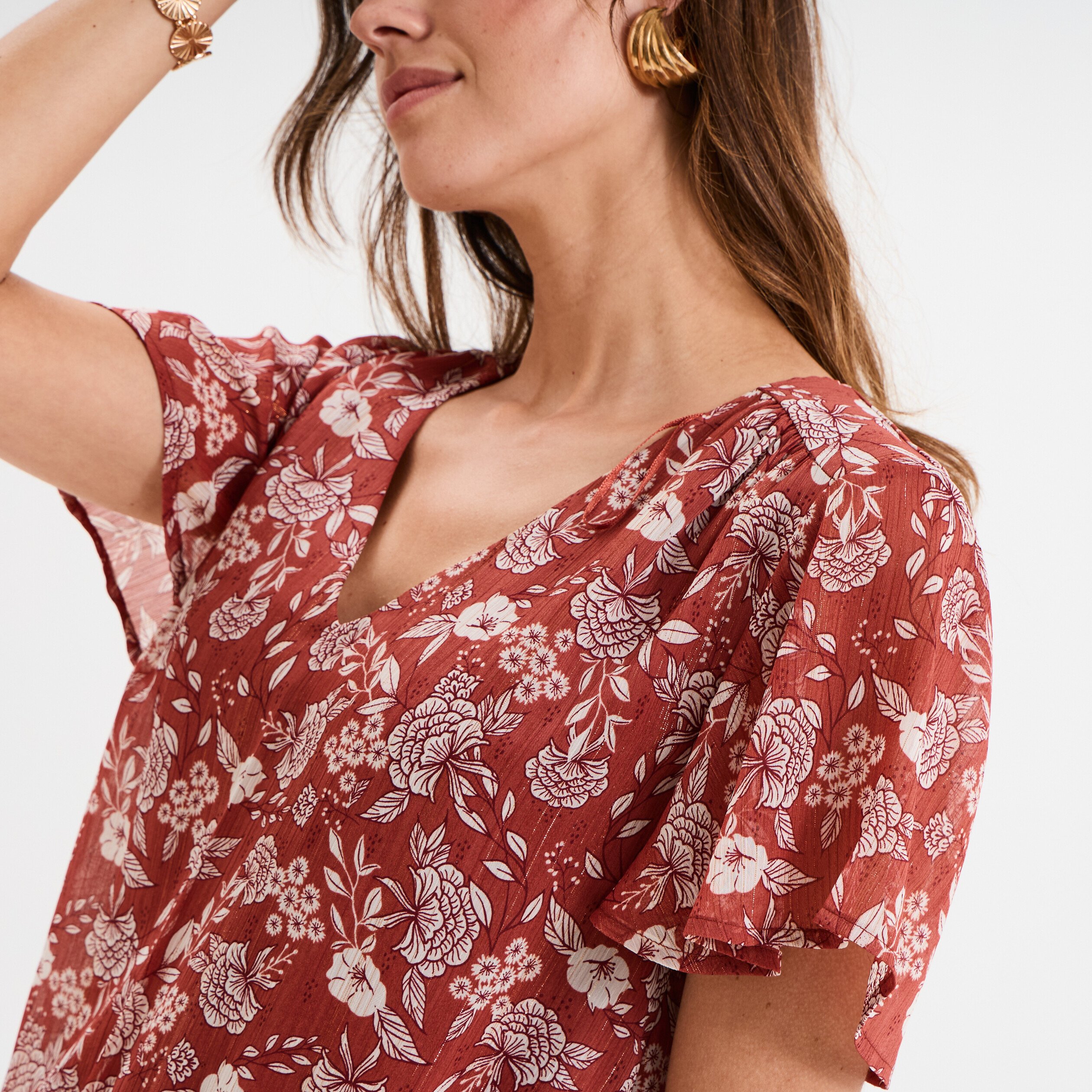 blouse col en v taille elastiquee terracotta femme Blouse col en V taille élastiquée terracotta femme