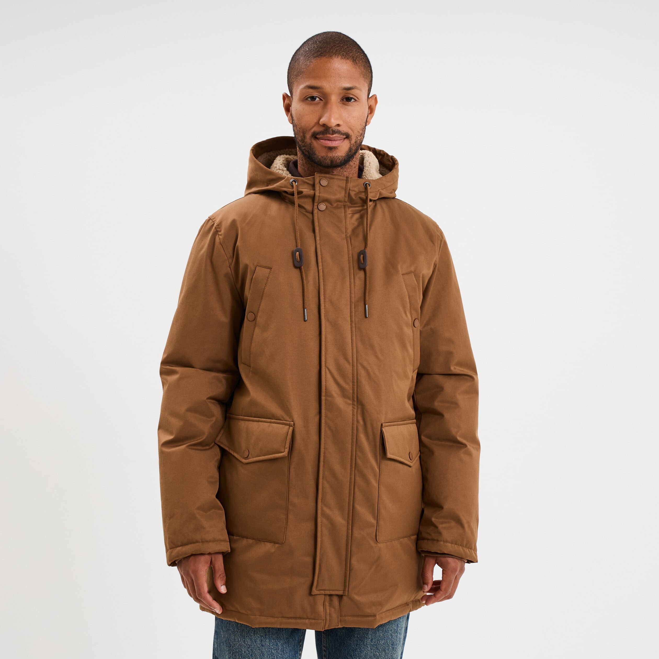 Parka mi-longue doubl&eacute;e &agrave; capuche marron homme