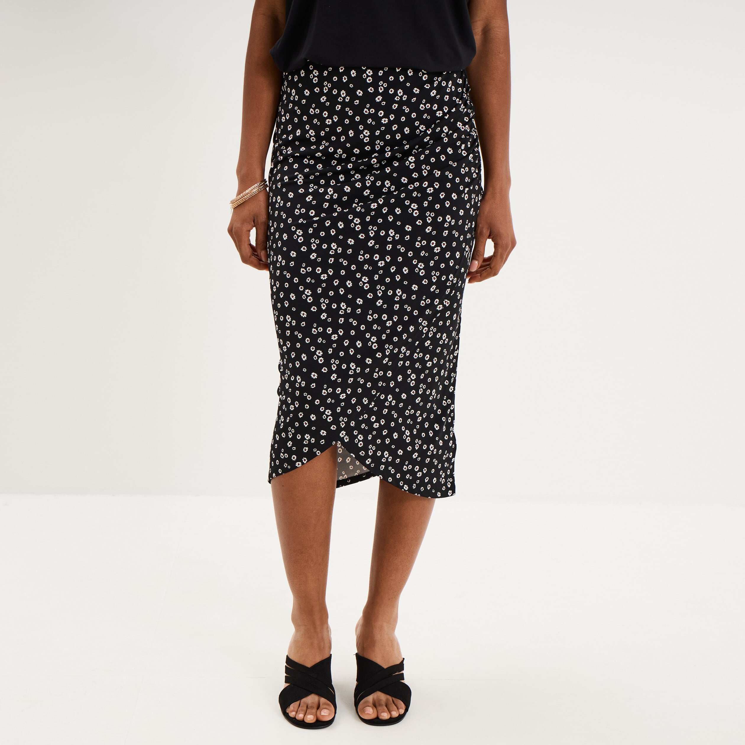Jupe longue portefeuille stretch noir femme