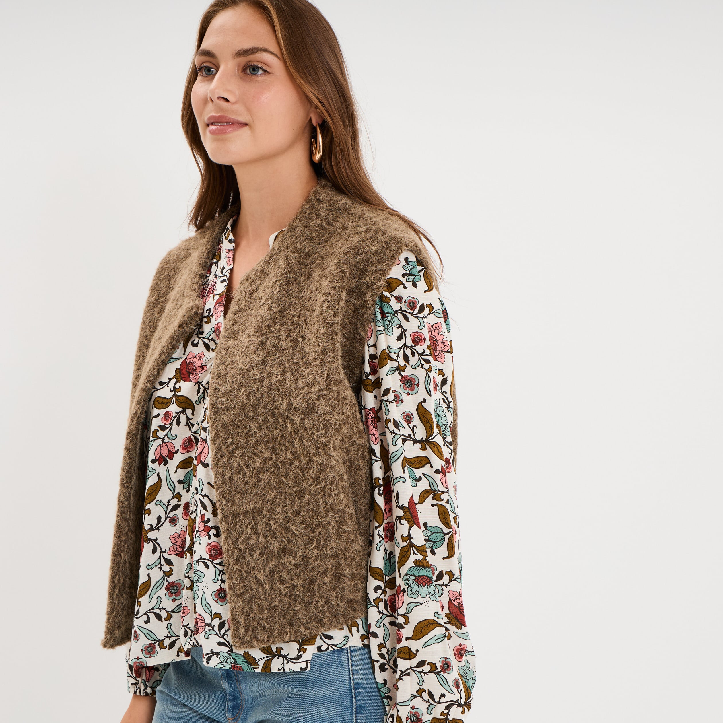 Veste sans manches effet bouclette vert kaki femme