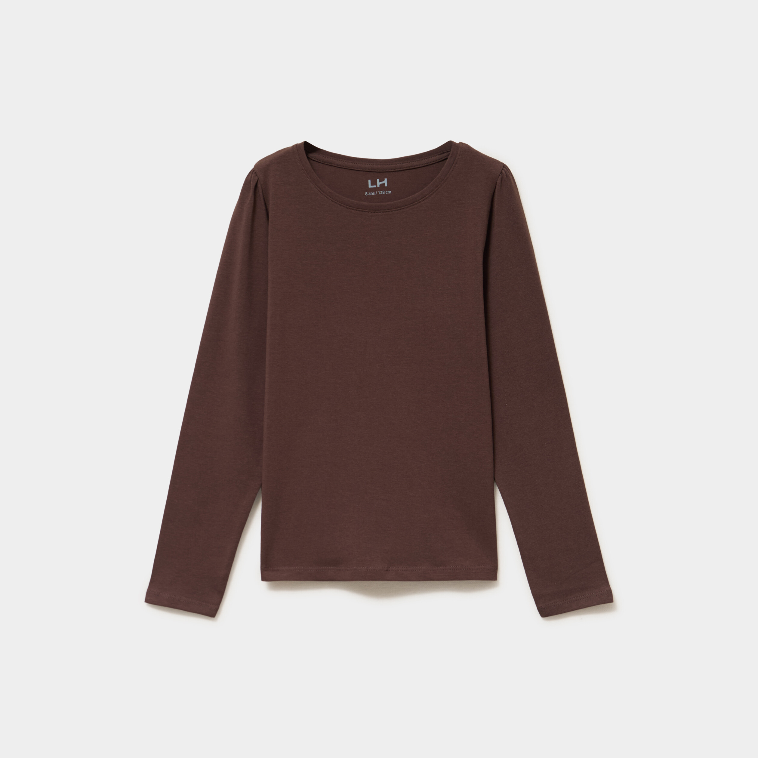 T-shirt coton manches longues &agrave; fronces marron fonc&eacute; fille