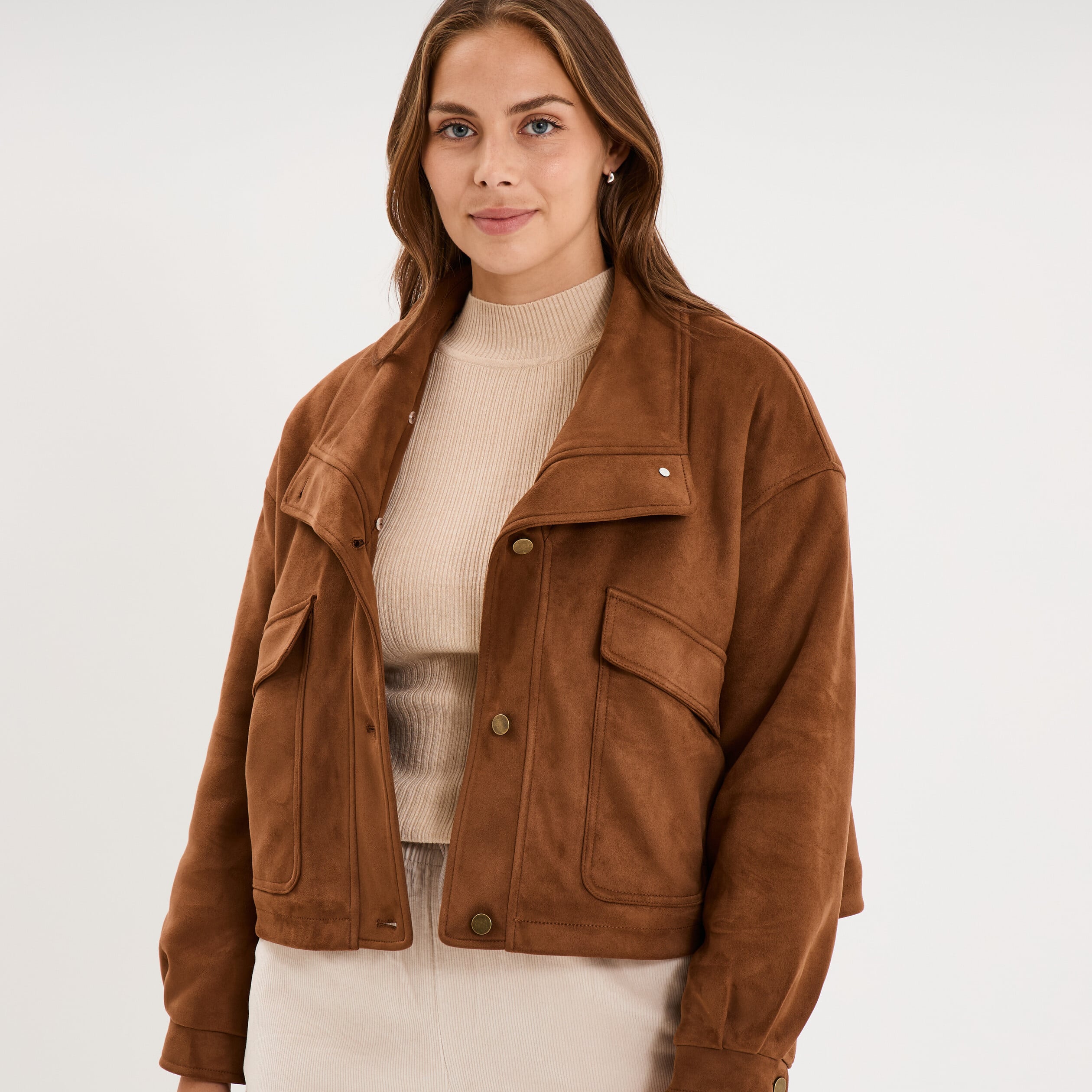 Veste effet su&eacute;dine col fausse fourrure marron femme