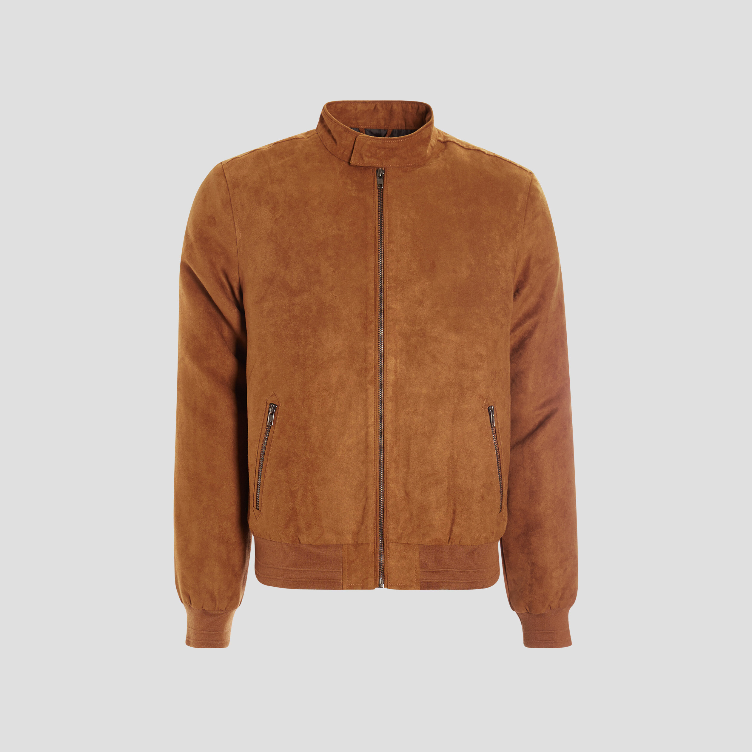 Blouson col motard en su&eacute;dine zipp&eacute; camel homme