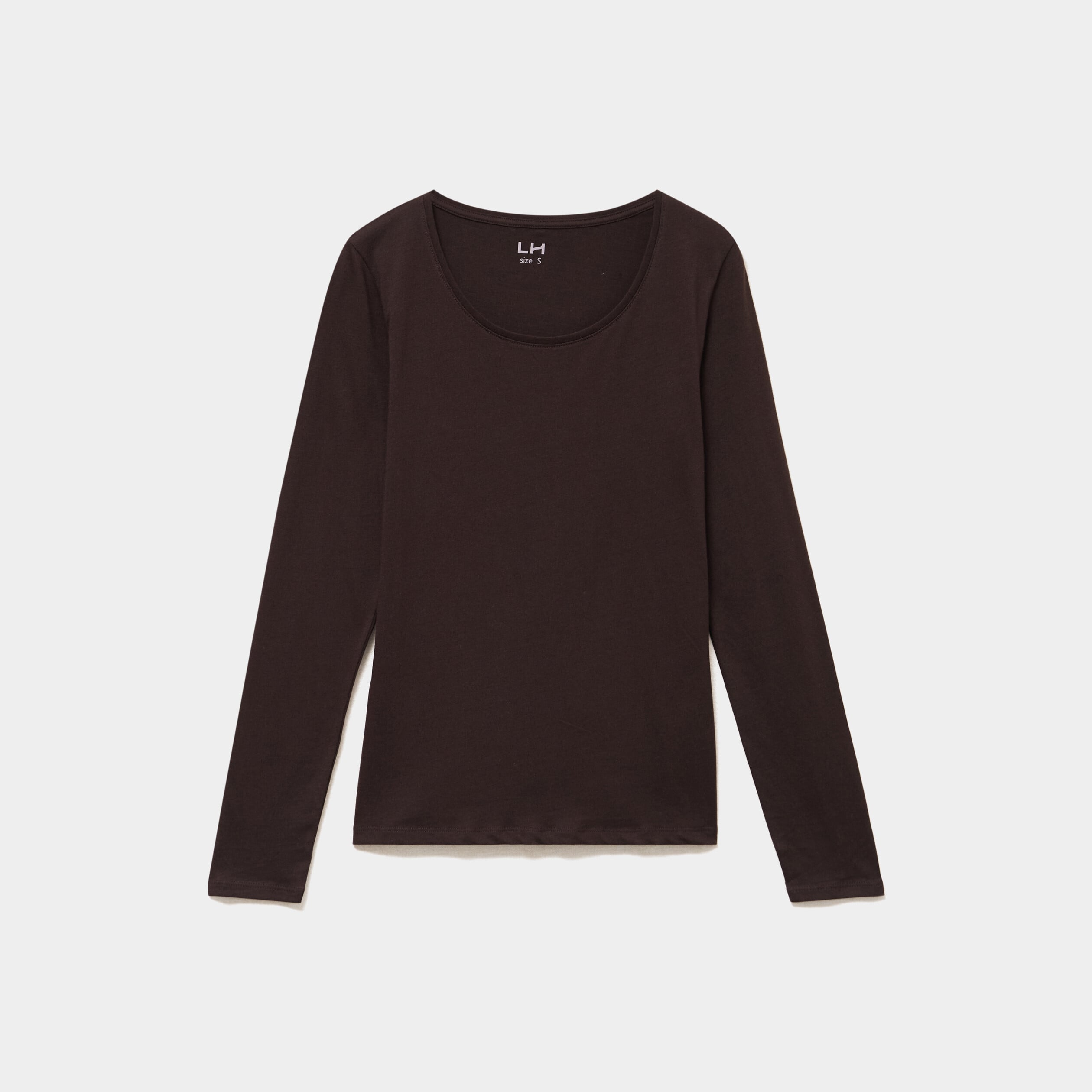 T-shirt coton col rond manches longues marron fonc&eacute; femme