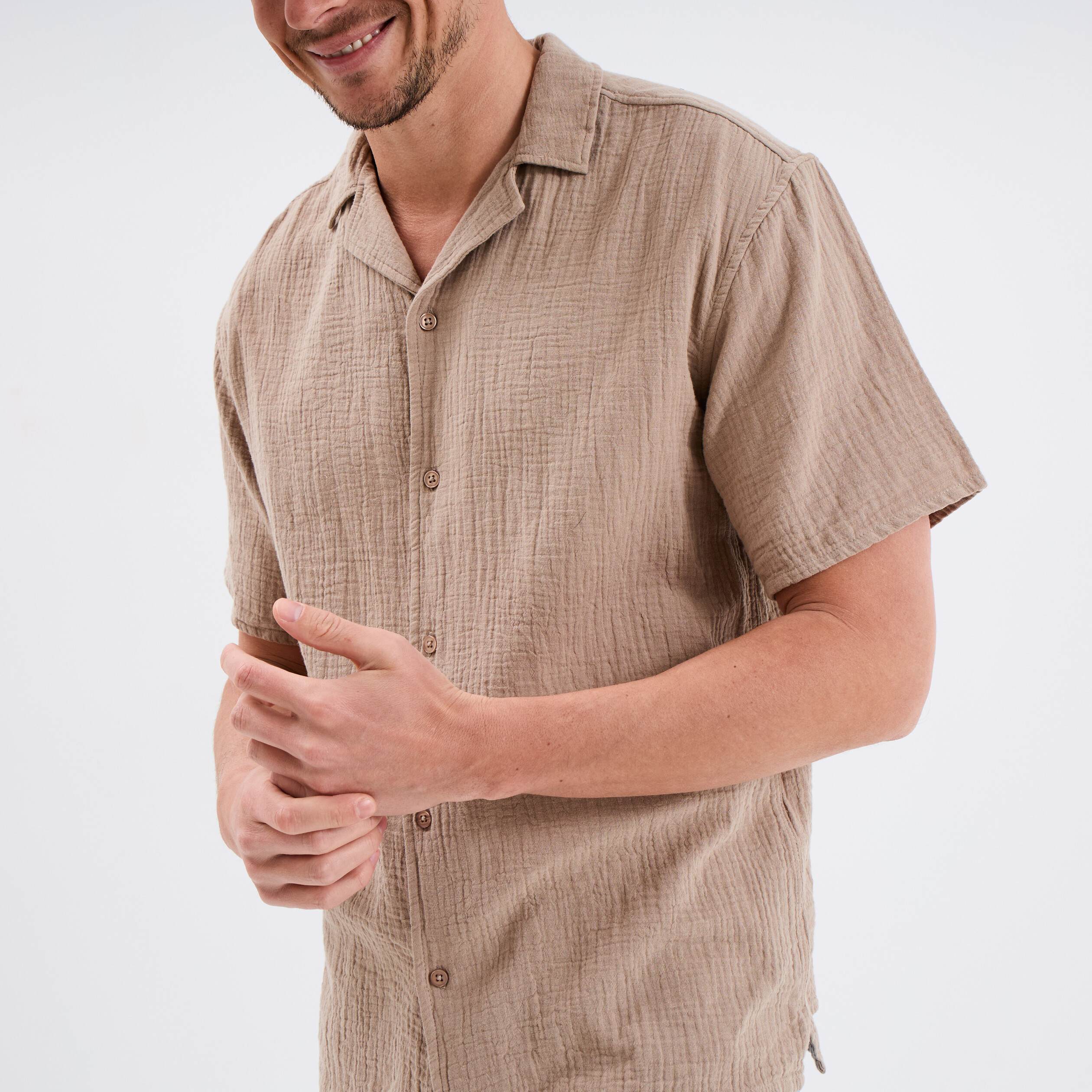 Chemise manches courtes gaze de coton taupe homme