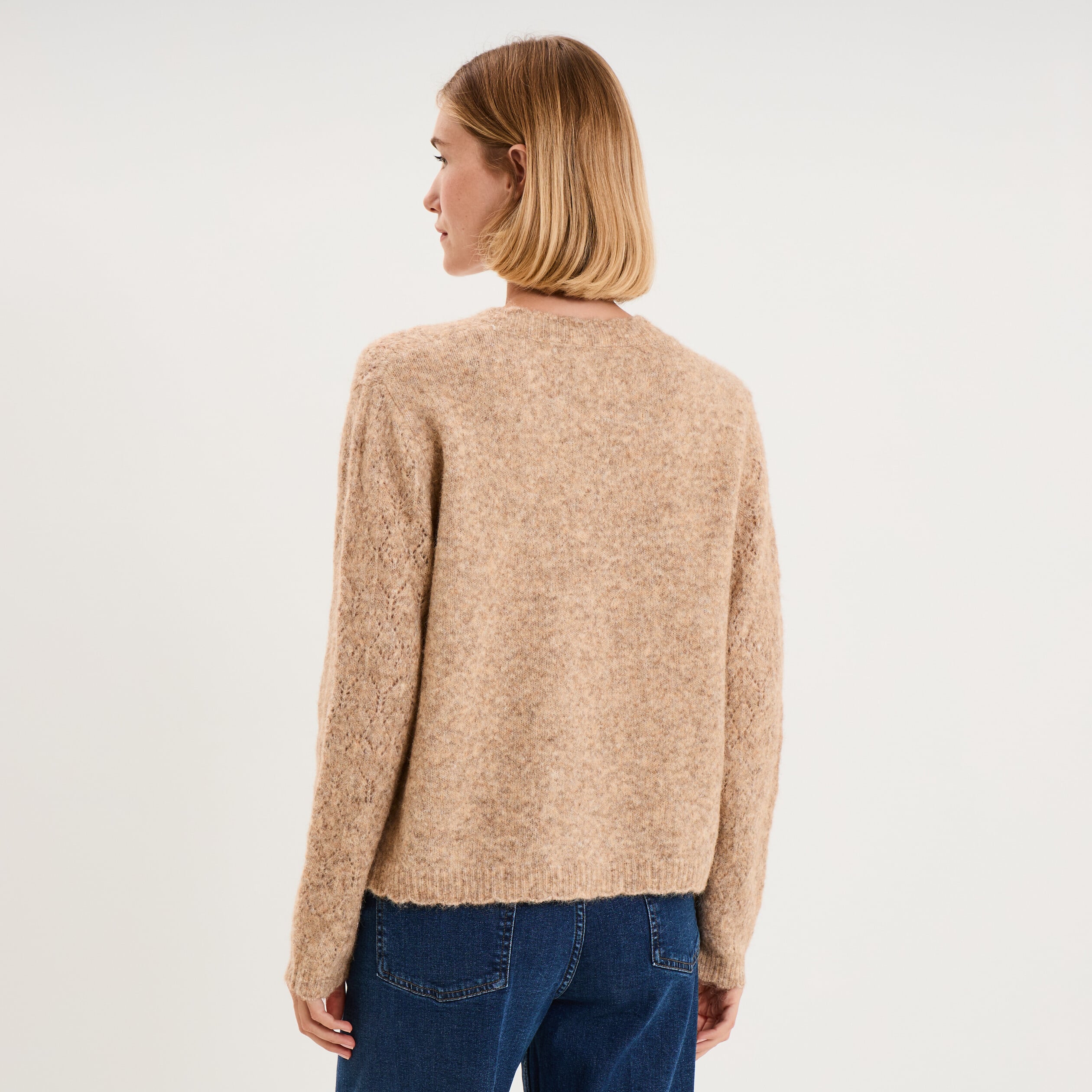 Gilet cardigan ajour&eacute; manches longues beige femme