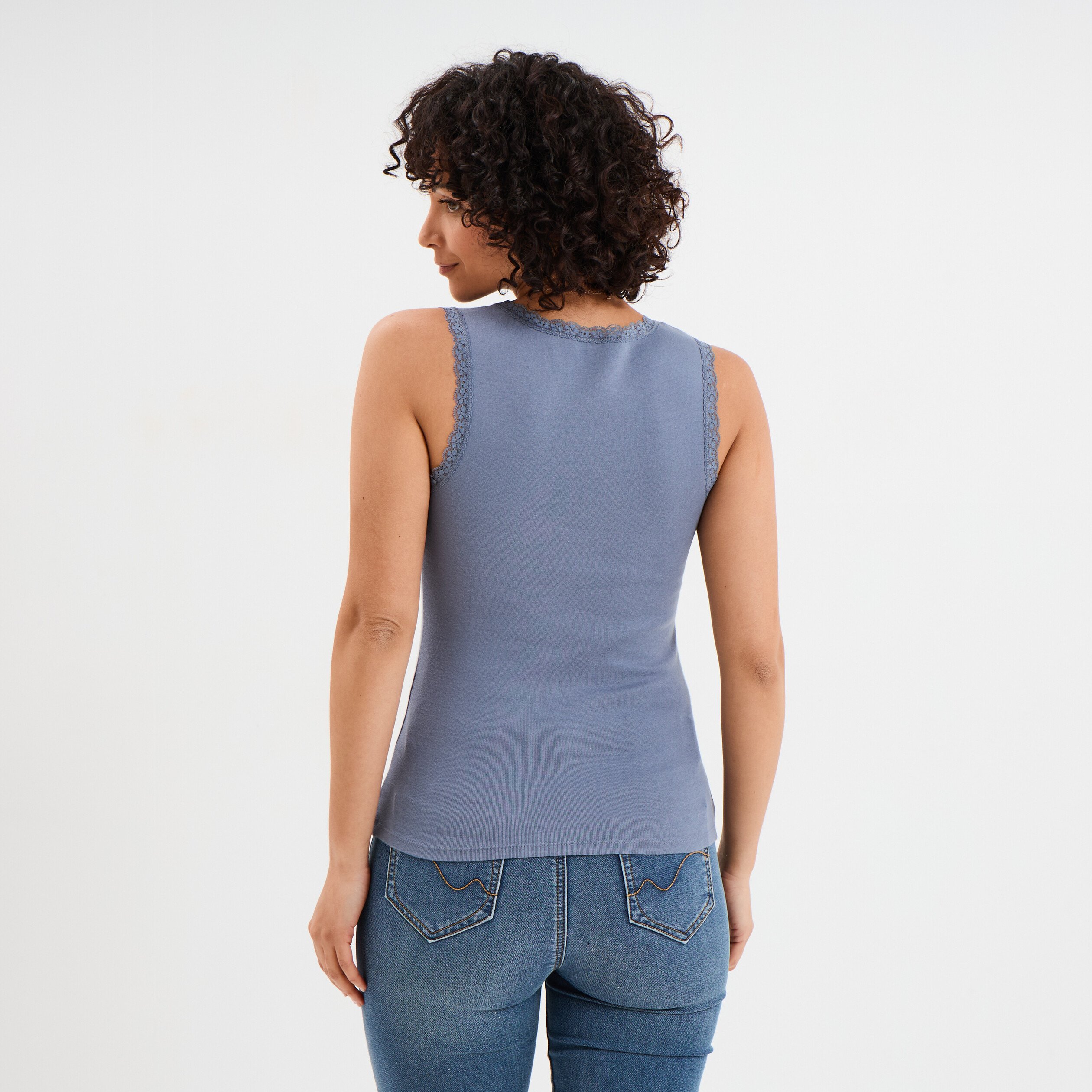 debardeur coton bords dentelle bleu gris femme Débardeur coton bords dentelle bleu gris femme