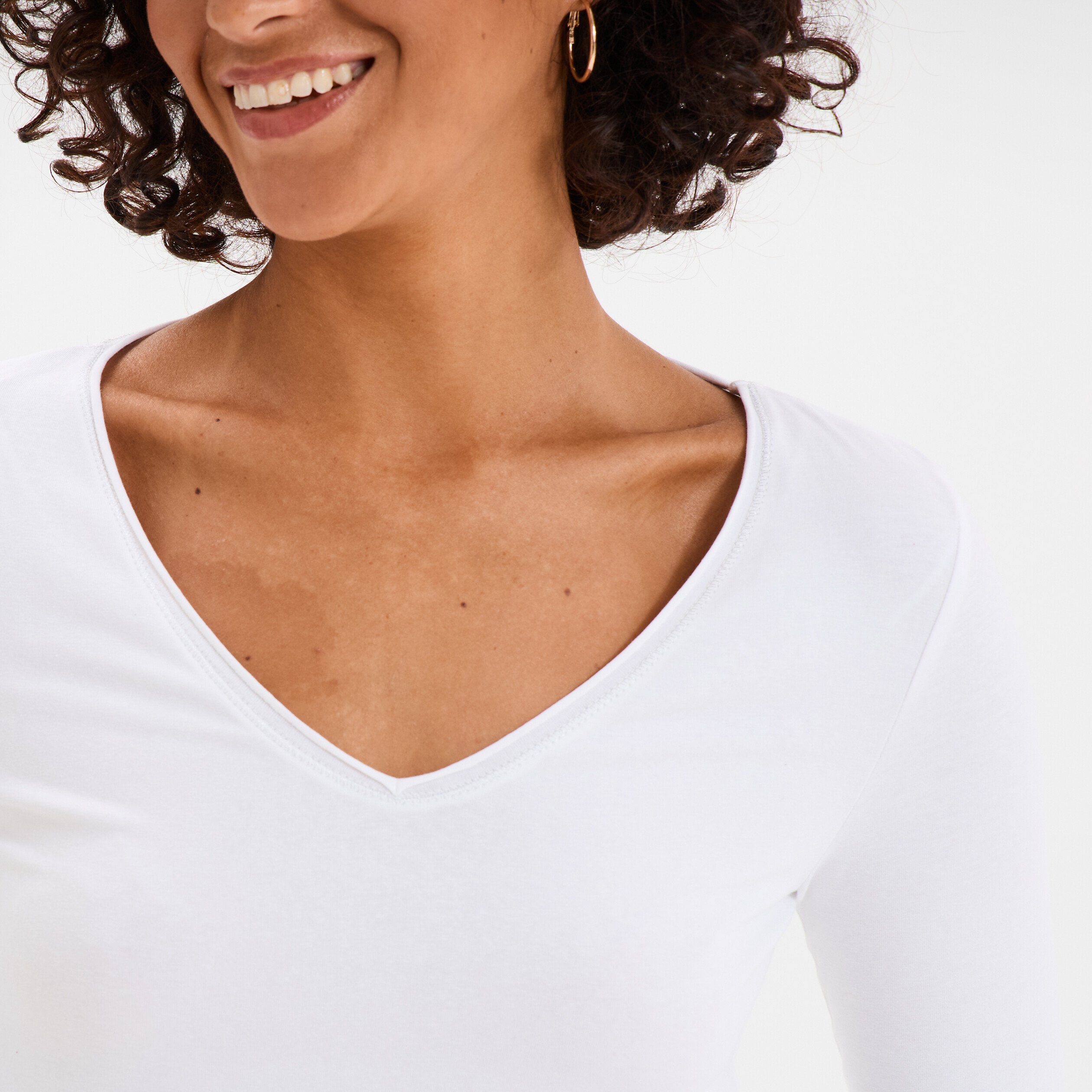 t shirt manches longues col en v coton blanc femme T-shirt manches longues col en V coton blanc femme
