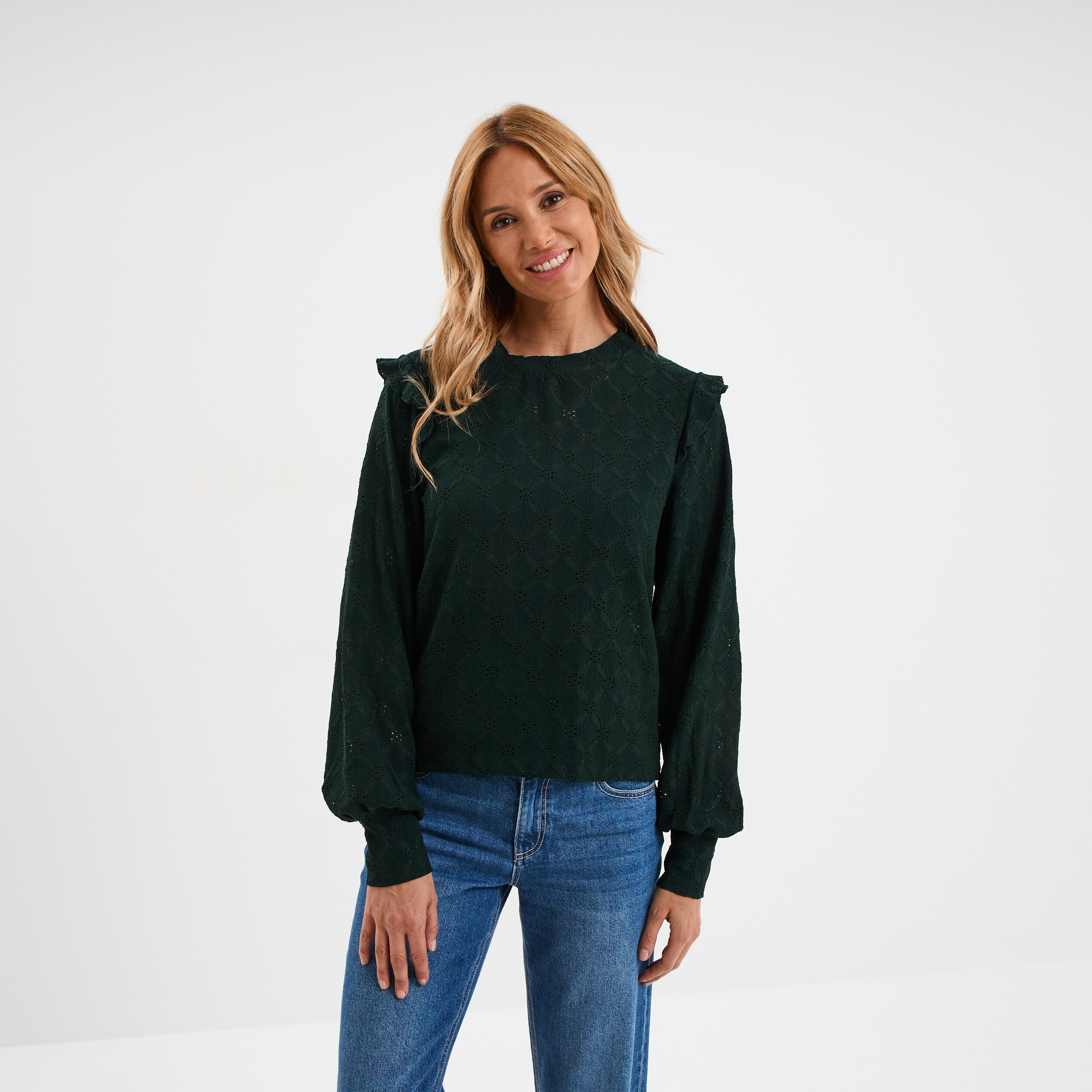 blouse details ajoures et volants vert fonce femme Blouse détails ajourés et volants vert foncé femme
