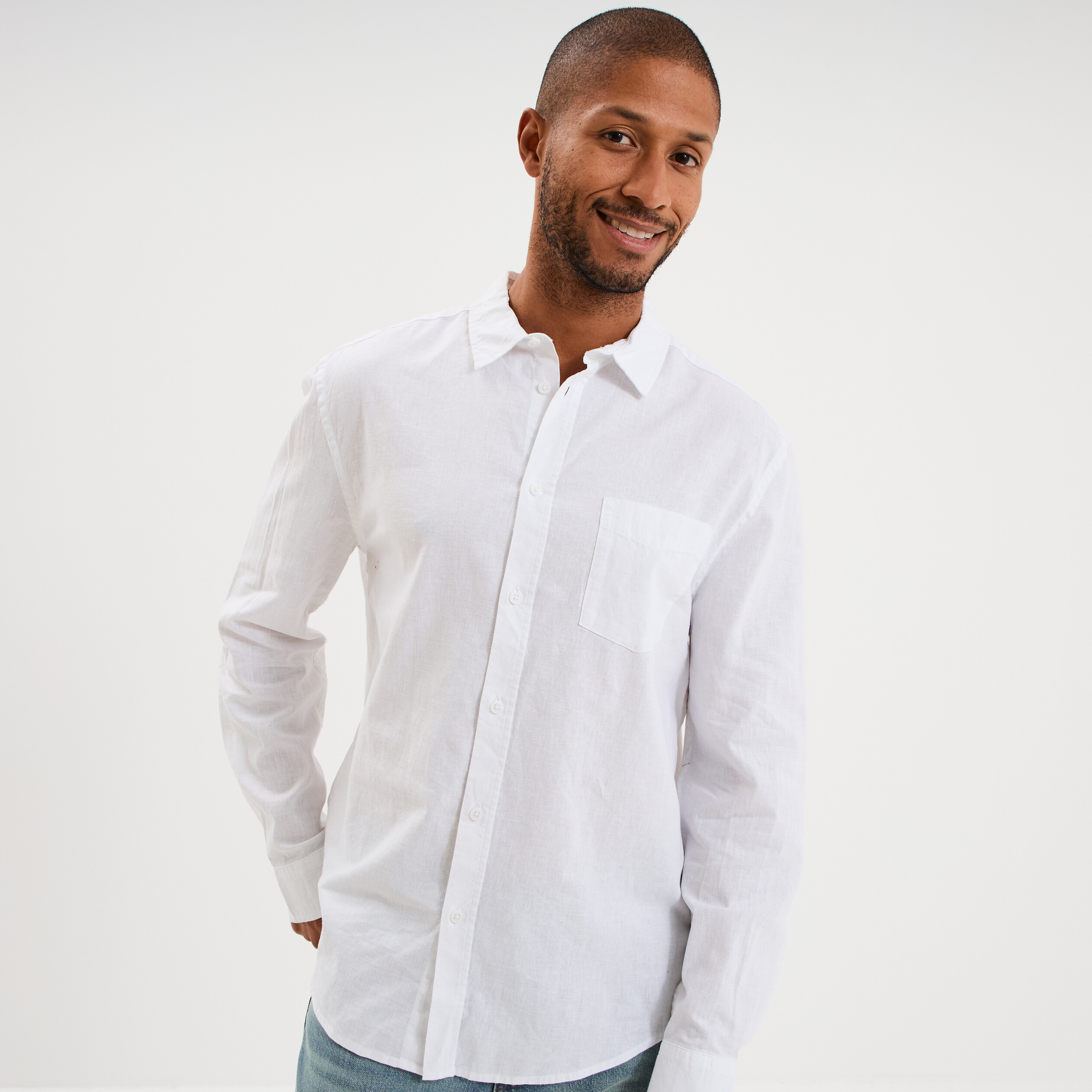 Chemise manches longues lin m&eacute;lang&eacute; blanc homme