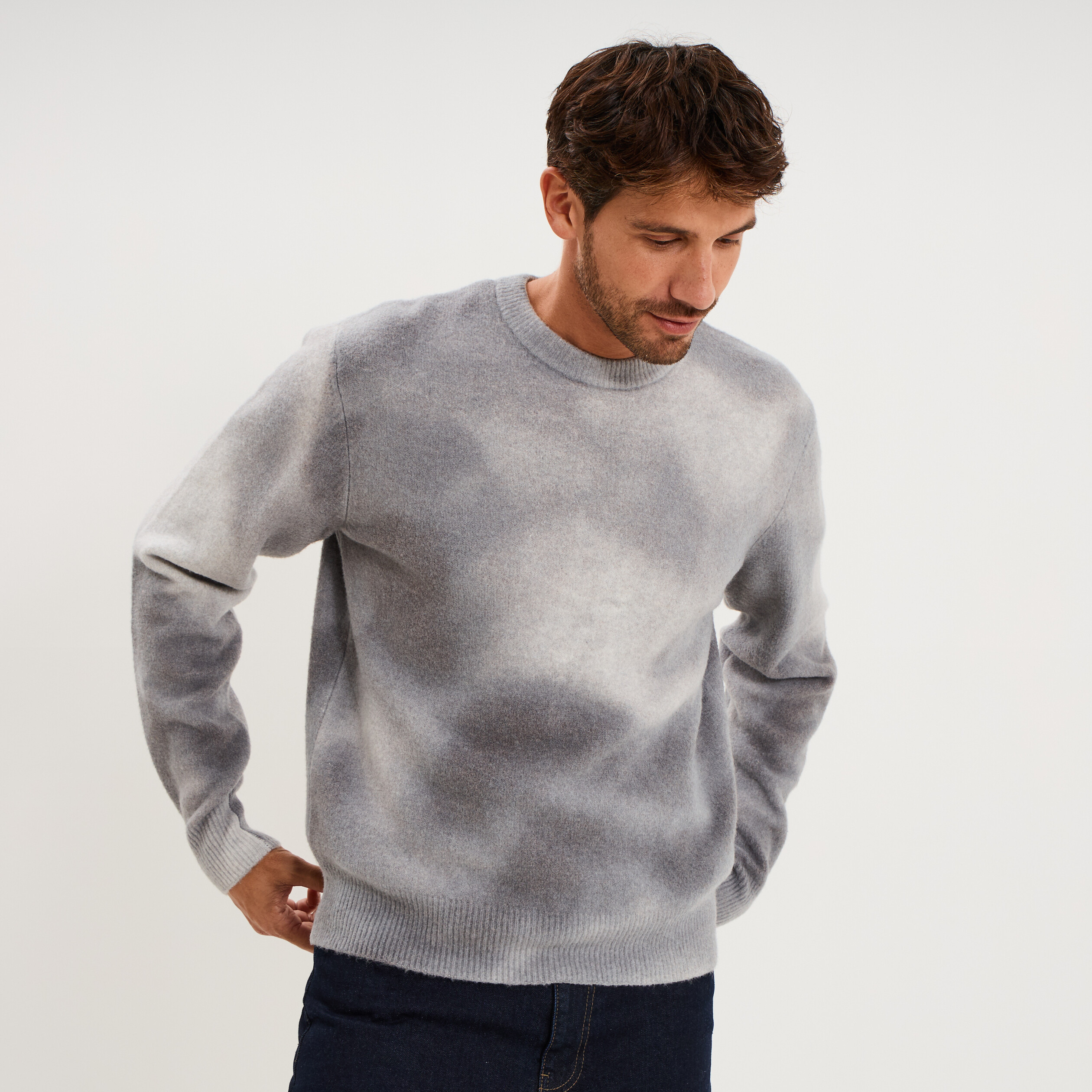 Pull col rond manches longues gris clair homme