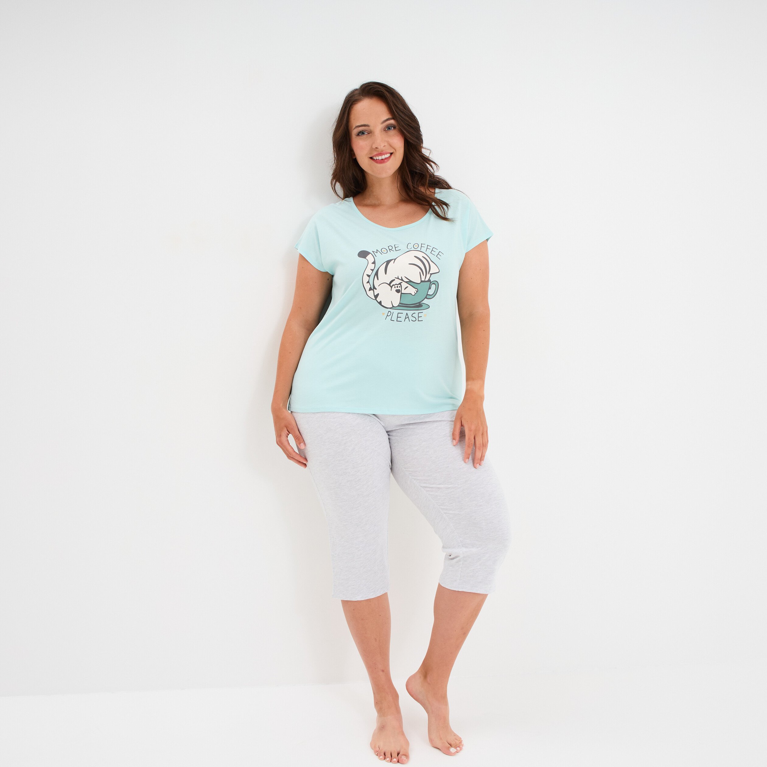 ensemble pyjama corsaire coton bleu turquoise femmegt Ensemble pyjama corsaire coton bleu turquoise femme grande taille