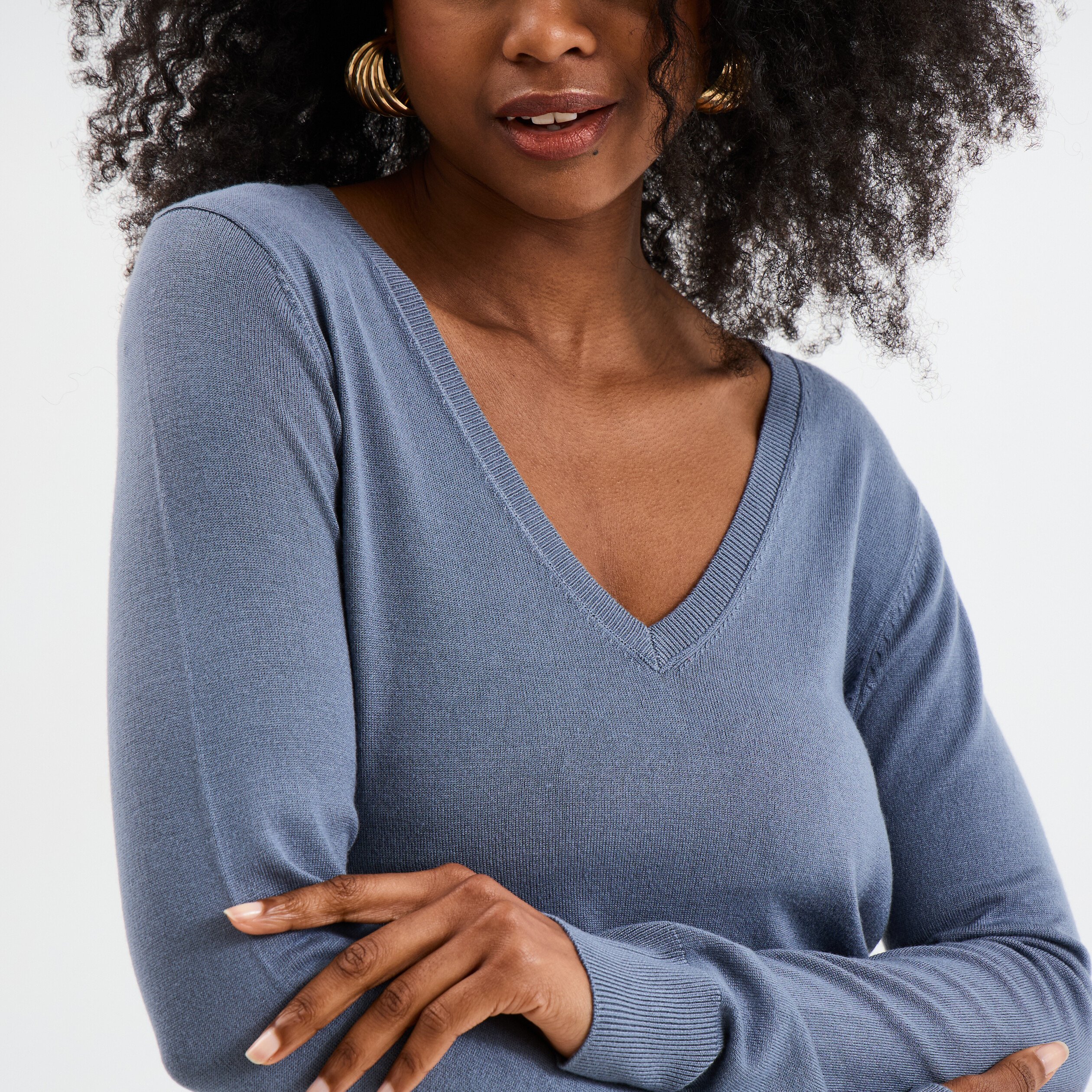 pull col en v manches longues bleu gris femme Pull col en V manches longues bleu gris femme