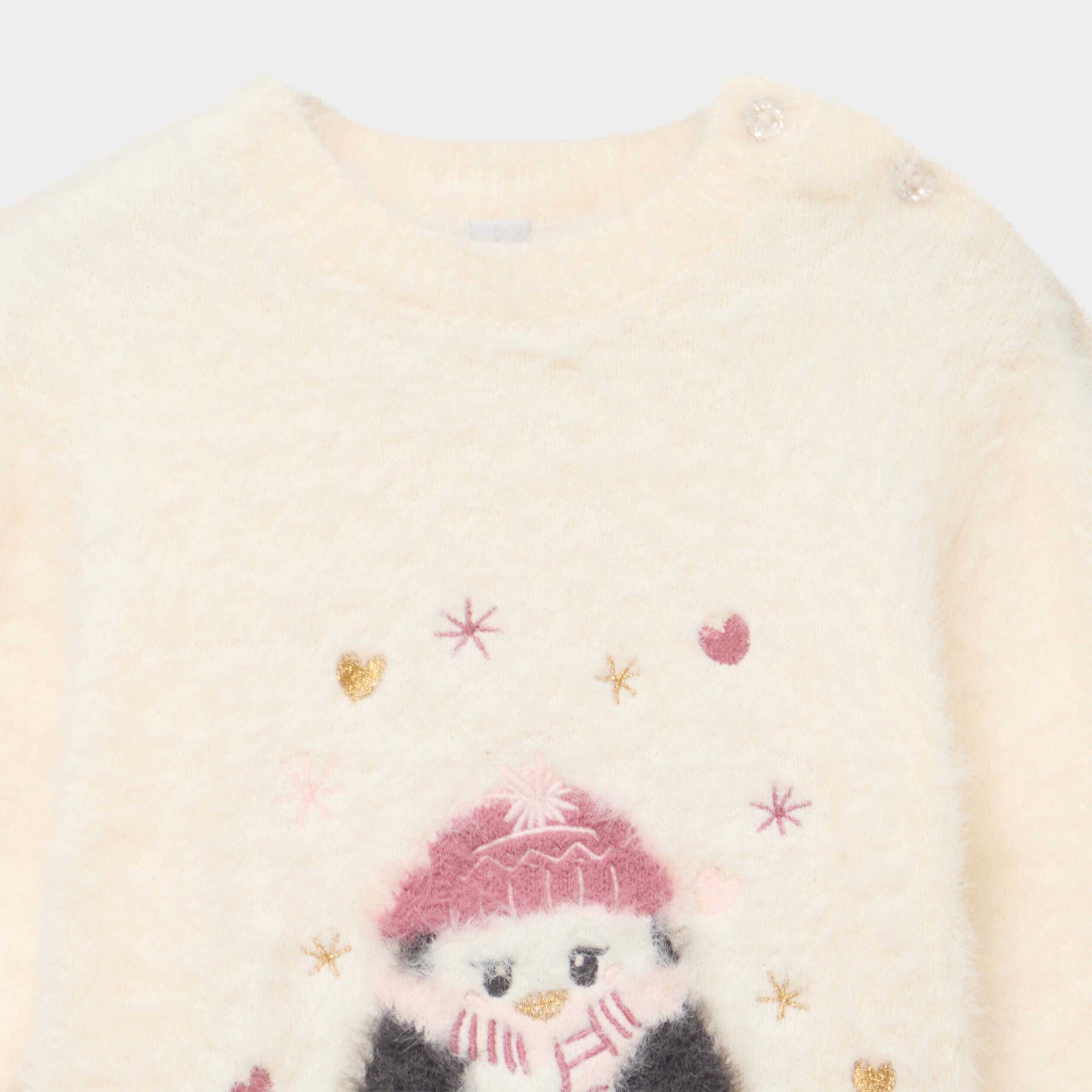 Pull duveteux col rond &eacute;paule boutonn&eacute;e creme b&eacute;b&eacute; fille
