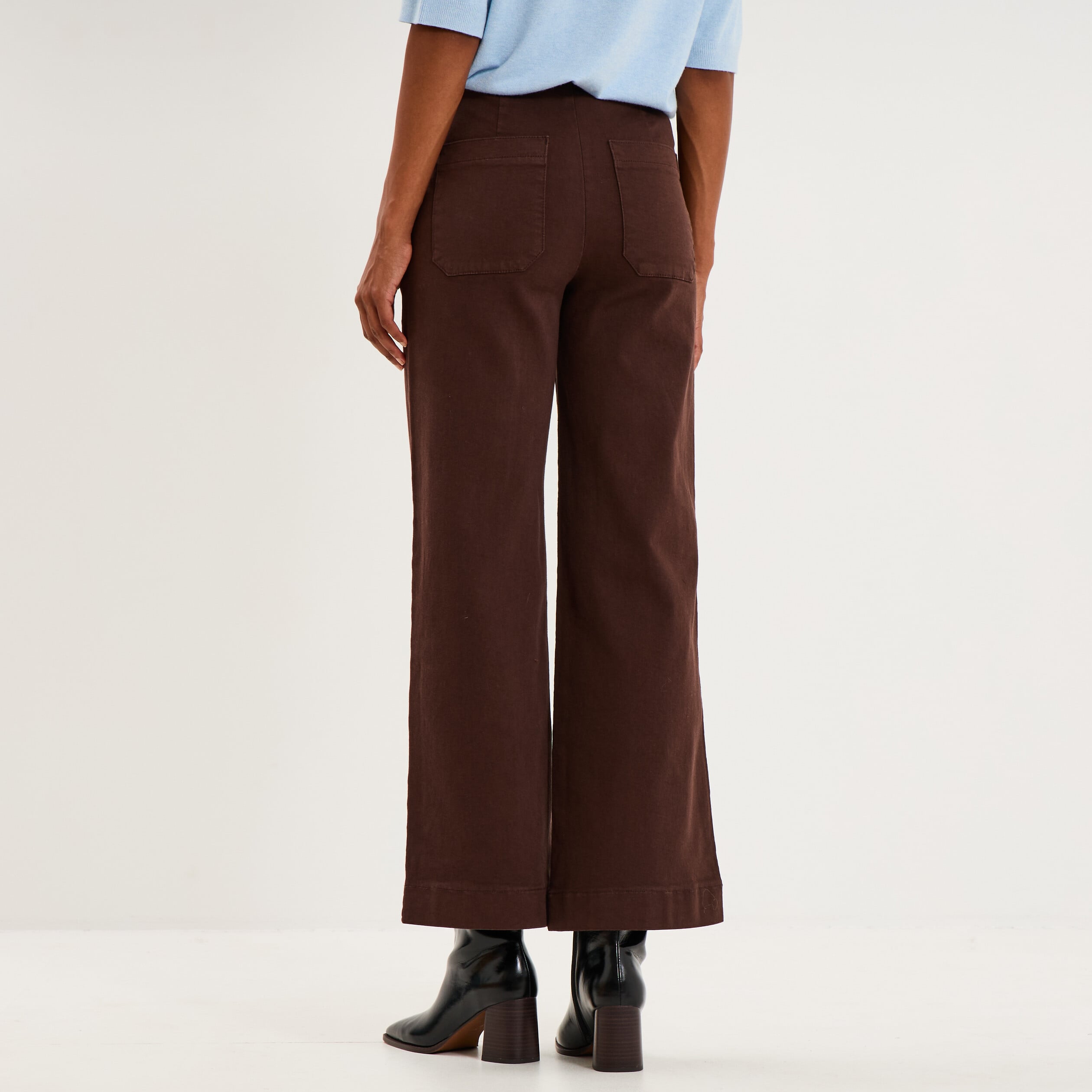 Pantalon wide leg cropped &agrave; boutons marron fonc&eacute; femme
