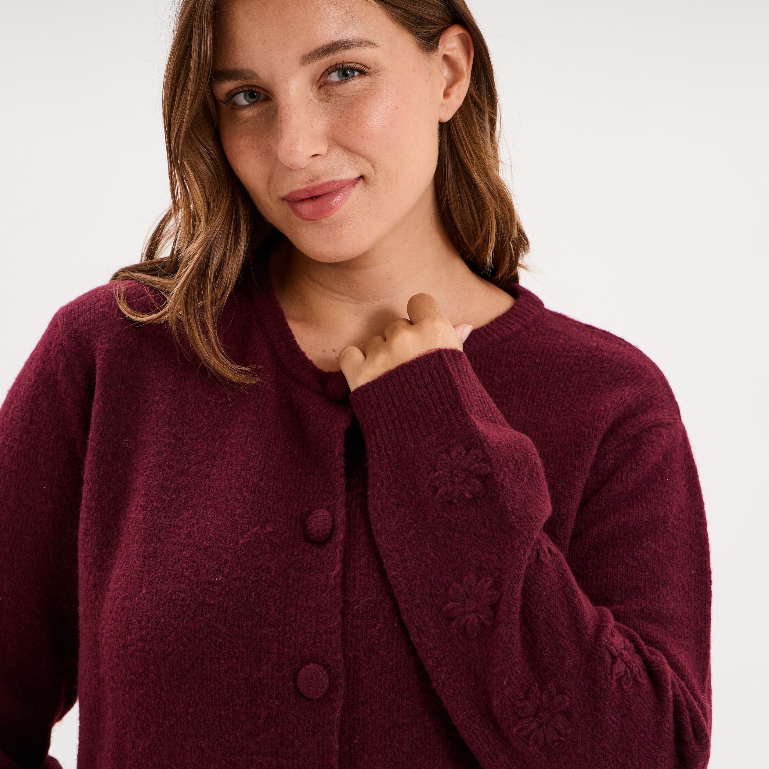 Gilet ajust&eacute; col rond manches longues violet fonc&eacute; femme grande taille