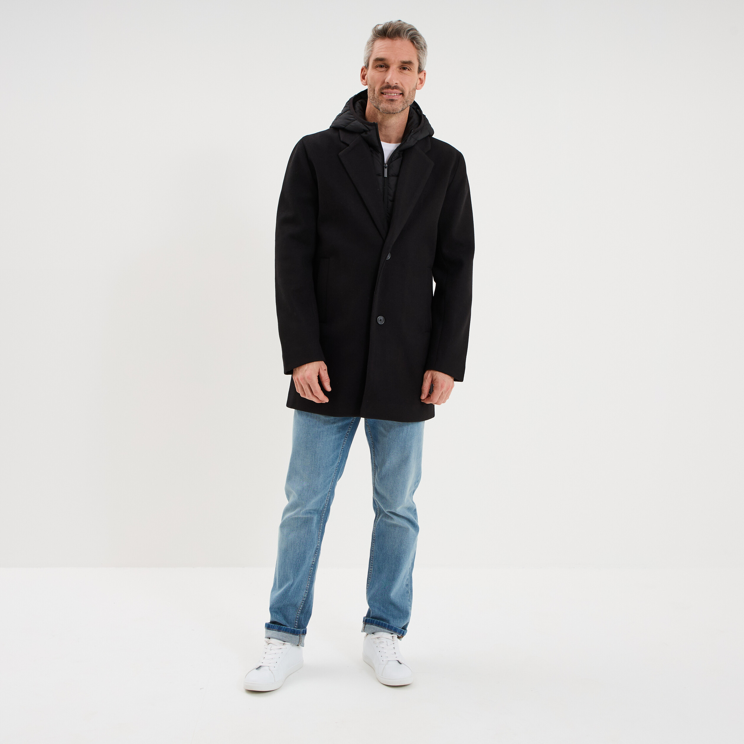 Manteau mi-long 3 en 1 &agrave; capuche noir homme