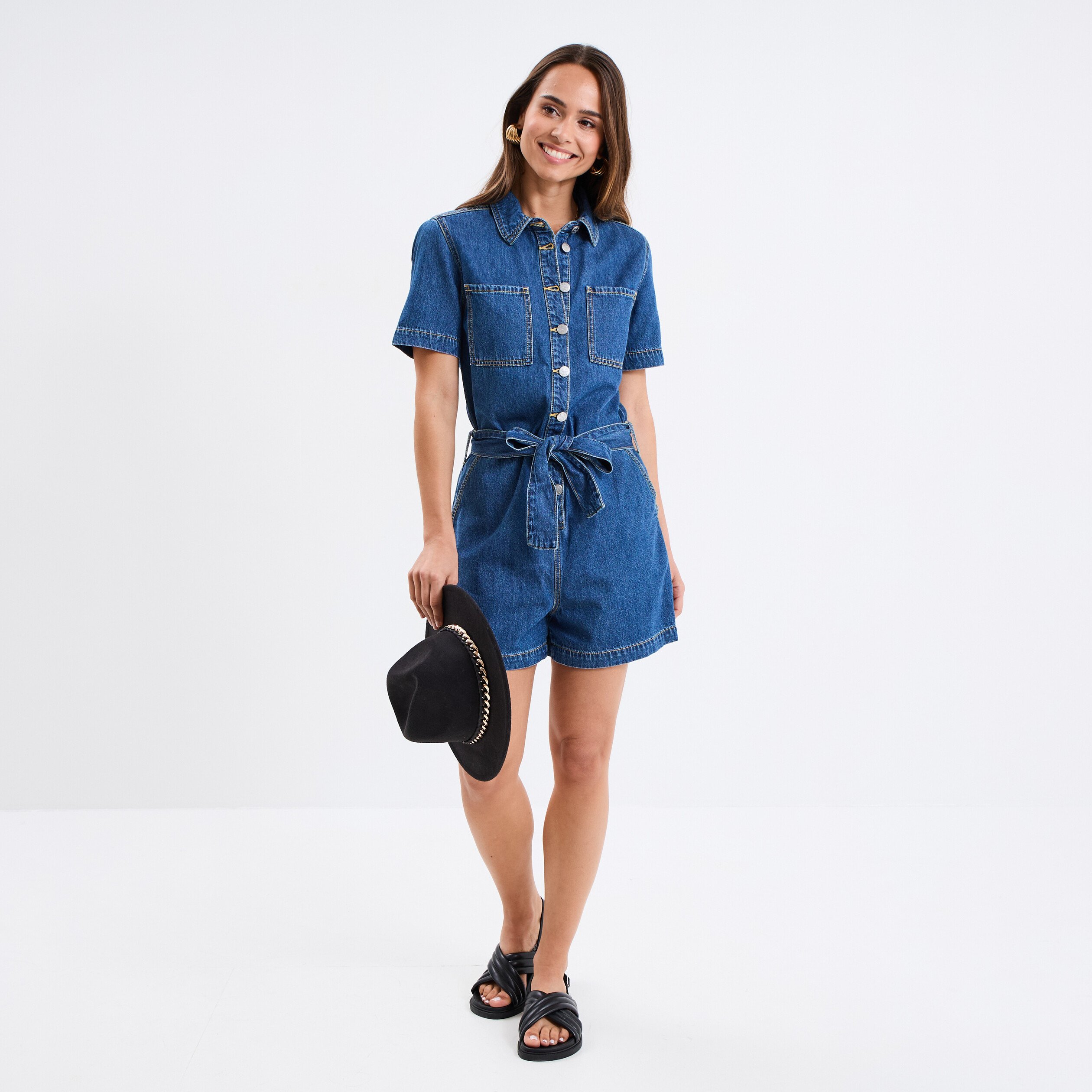 combishort en jean ceinturee coton denim stone femme Combishort en jean ceinturée coton denim stone femme