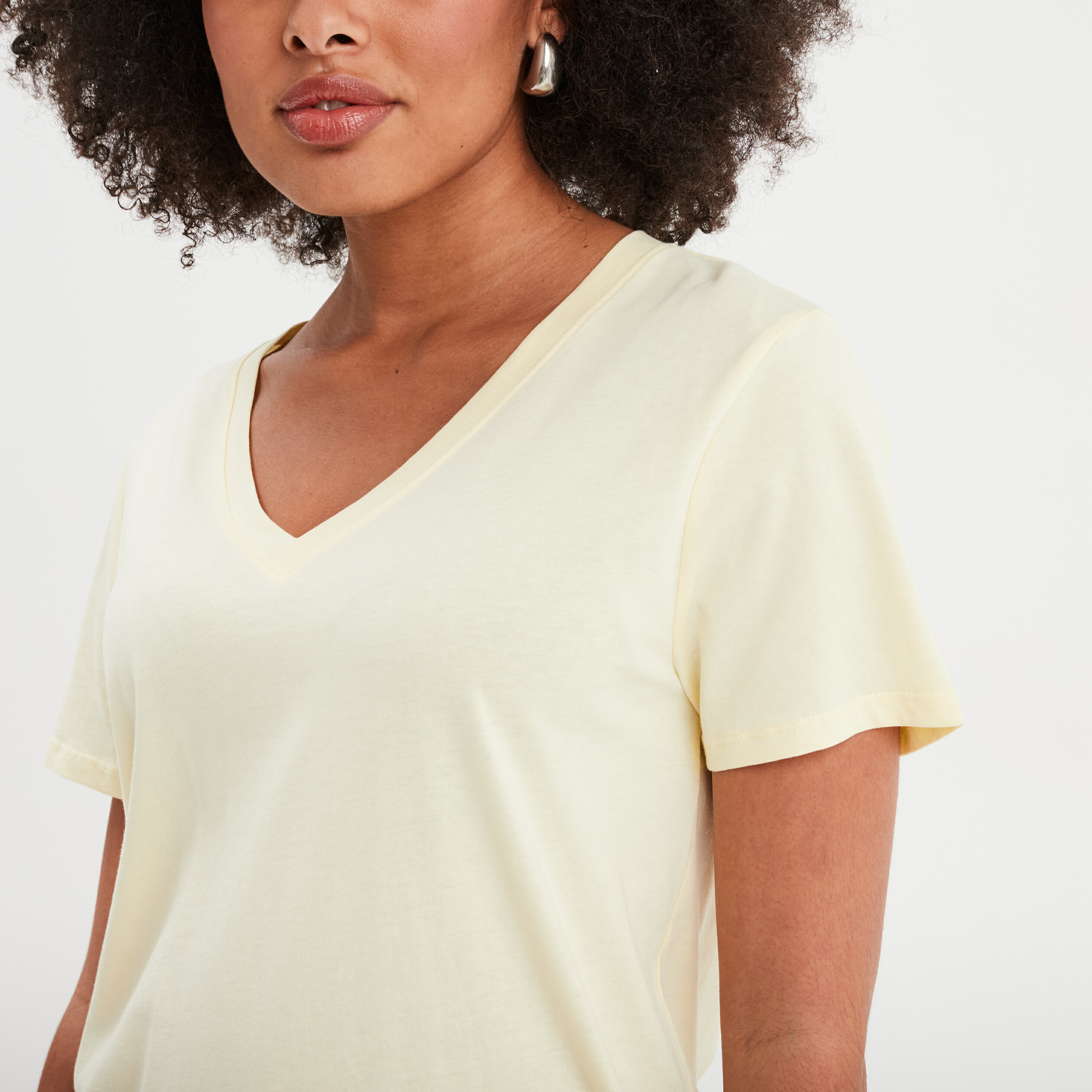T-shirt manches courtes col en V coton jaune clair femme