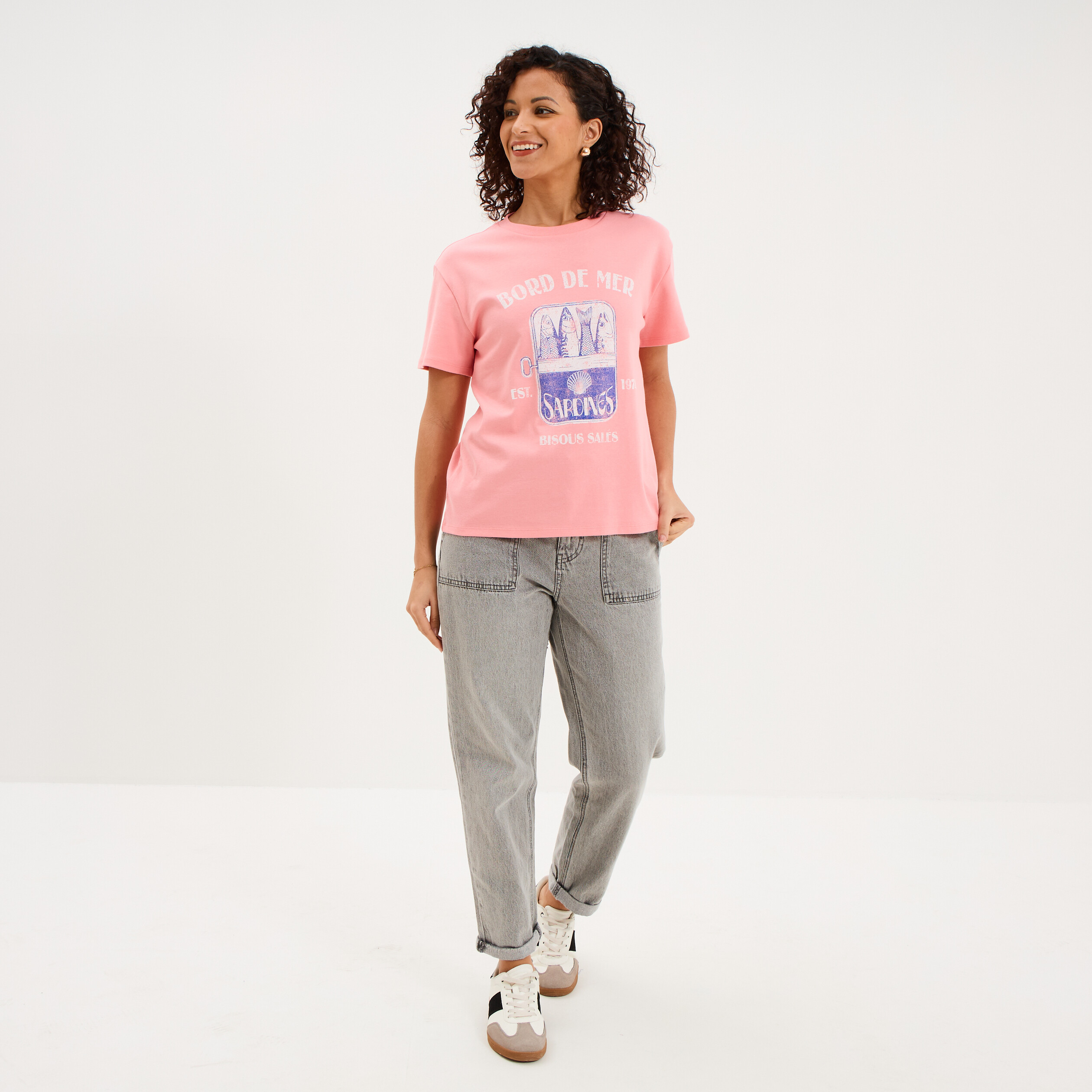 T-shirt col rond manches courtes coton rose femme